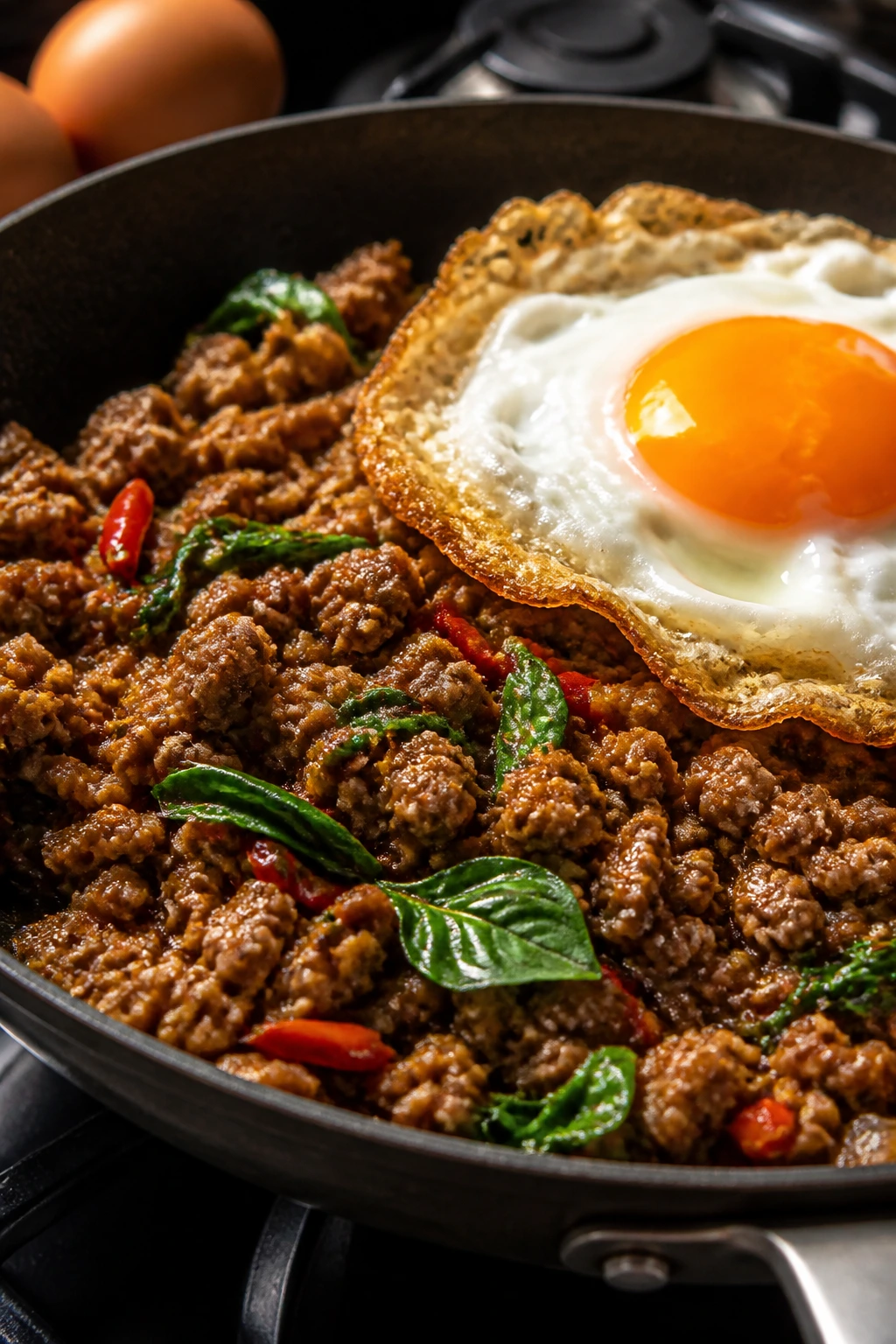 Ground turkey with Thai basil and a fried egg on top
