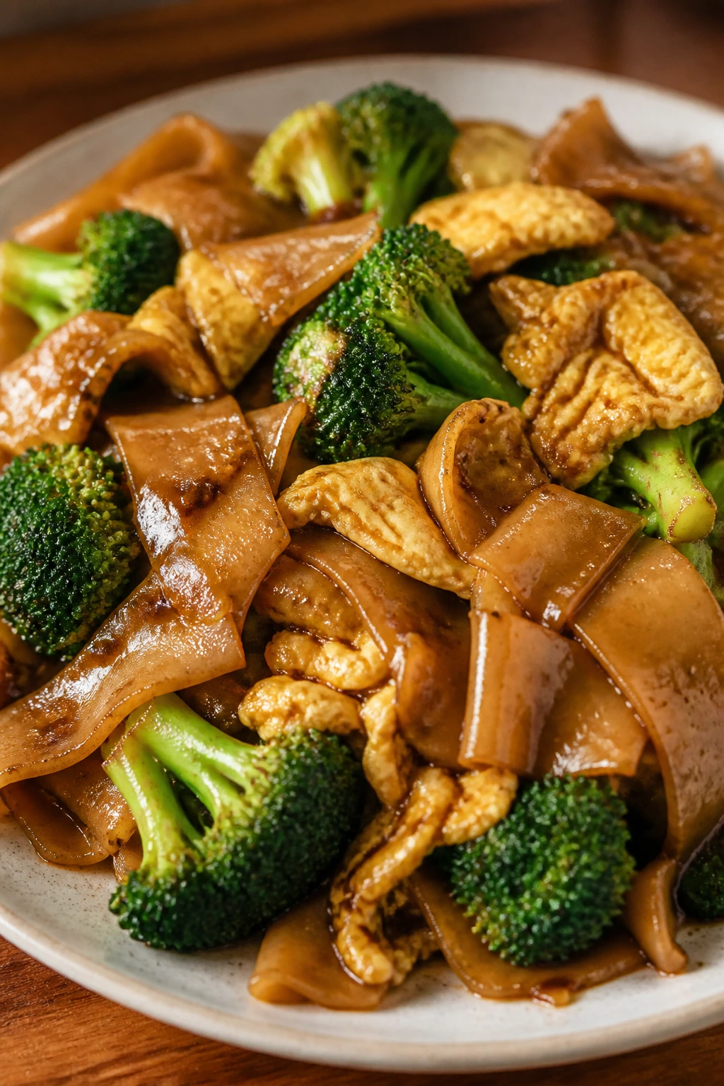 Close-up of pad see ew with broccoli and egg on plate