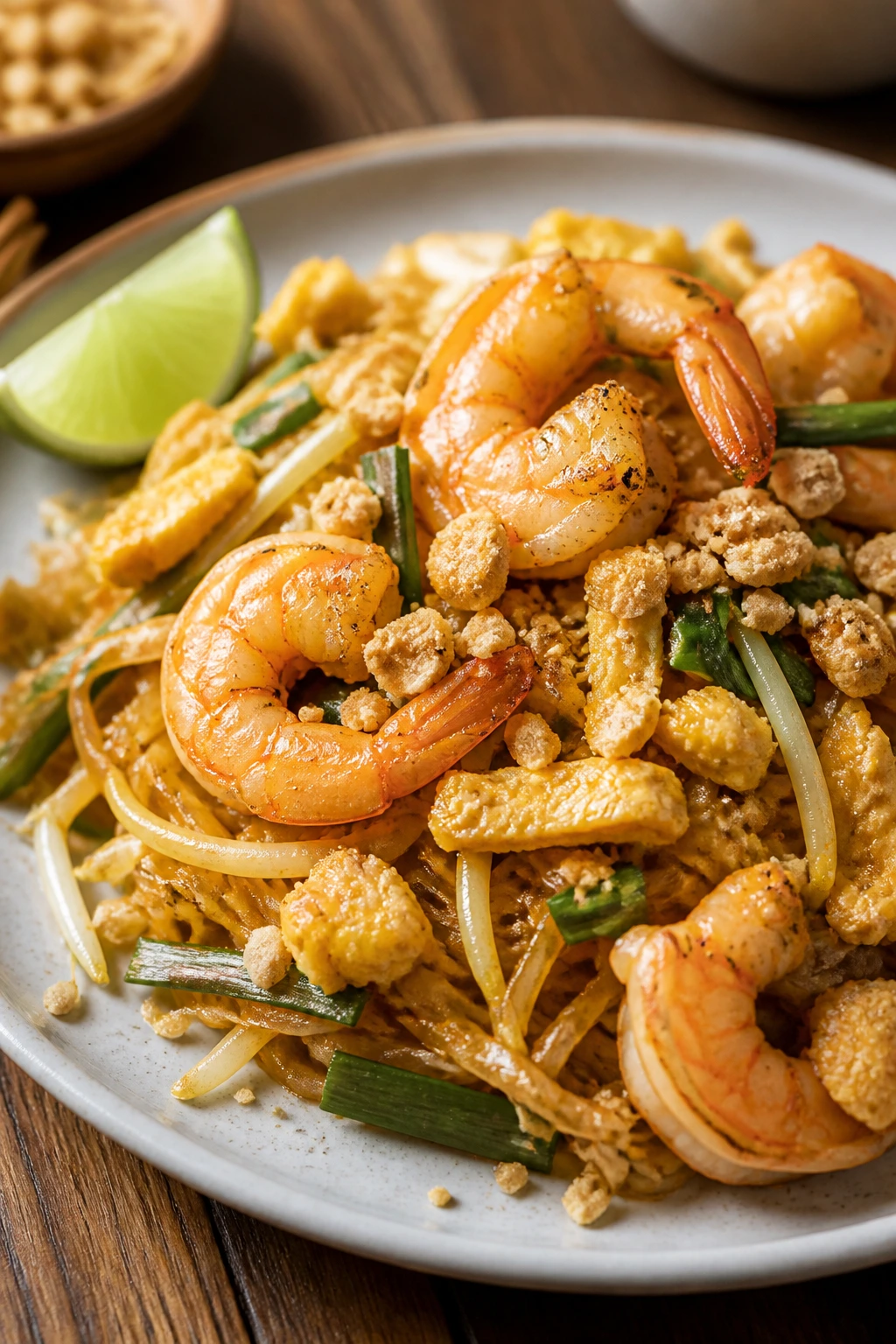 Close-up of Pad Thai with Shrimp on a plate with noodles, shrimp, egg, bean sprouts and peanuts in warm kitchen light