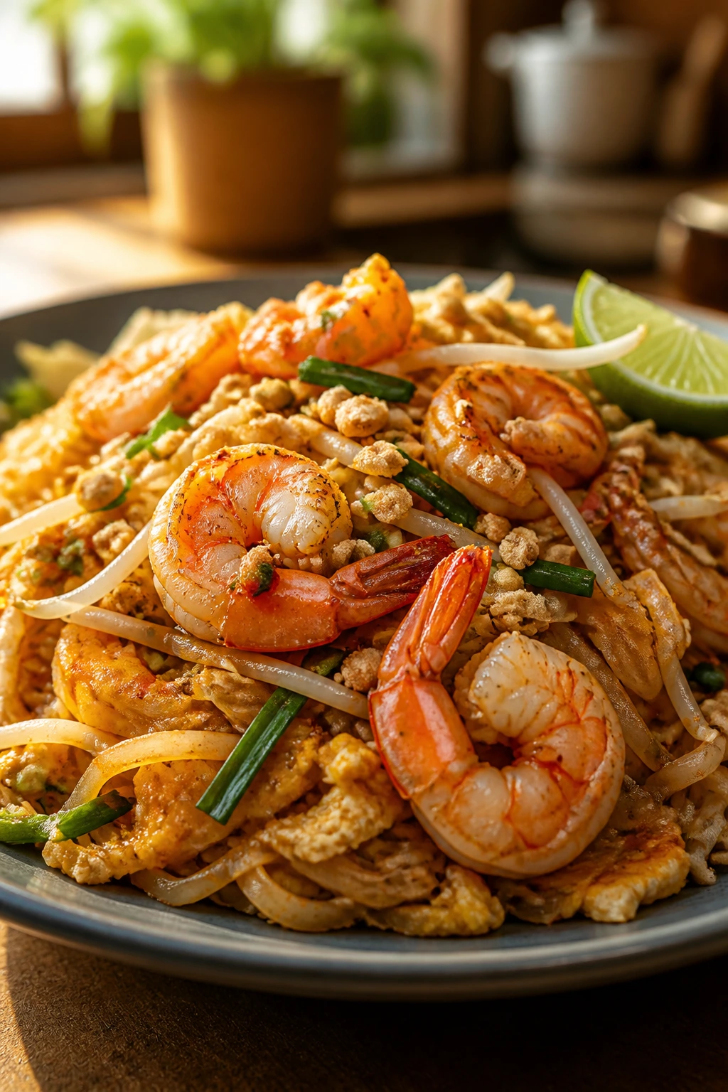 Shrimp Pad Thai with noodles, eggs, and peanuts on a plate