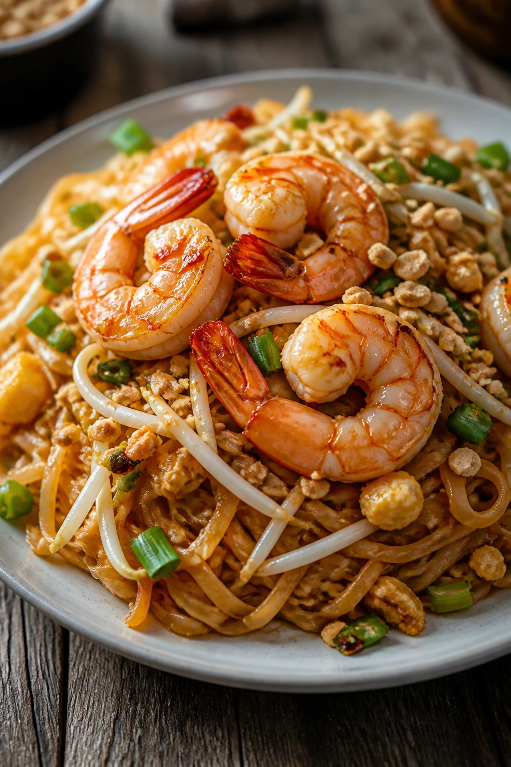 Pad Thai with shrimp and peanuts on a plate