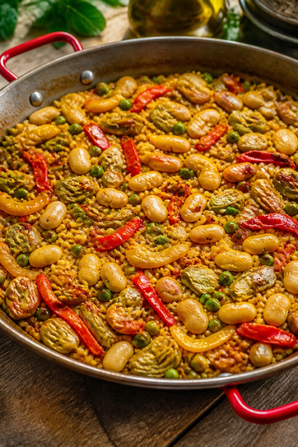 Paella pan with butter beans and vegetables