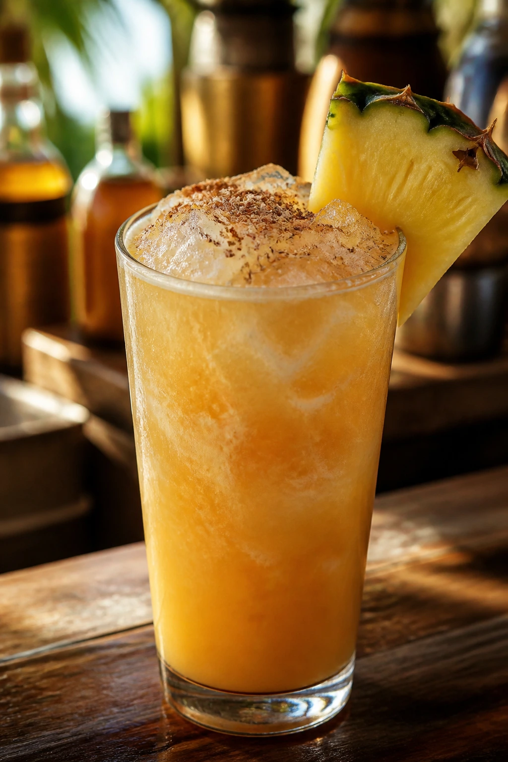 Painkiller cocktail with nutmeg and pineapple garnish