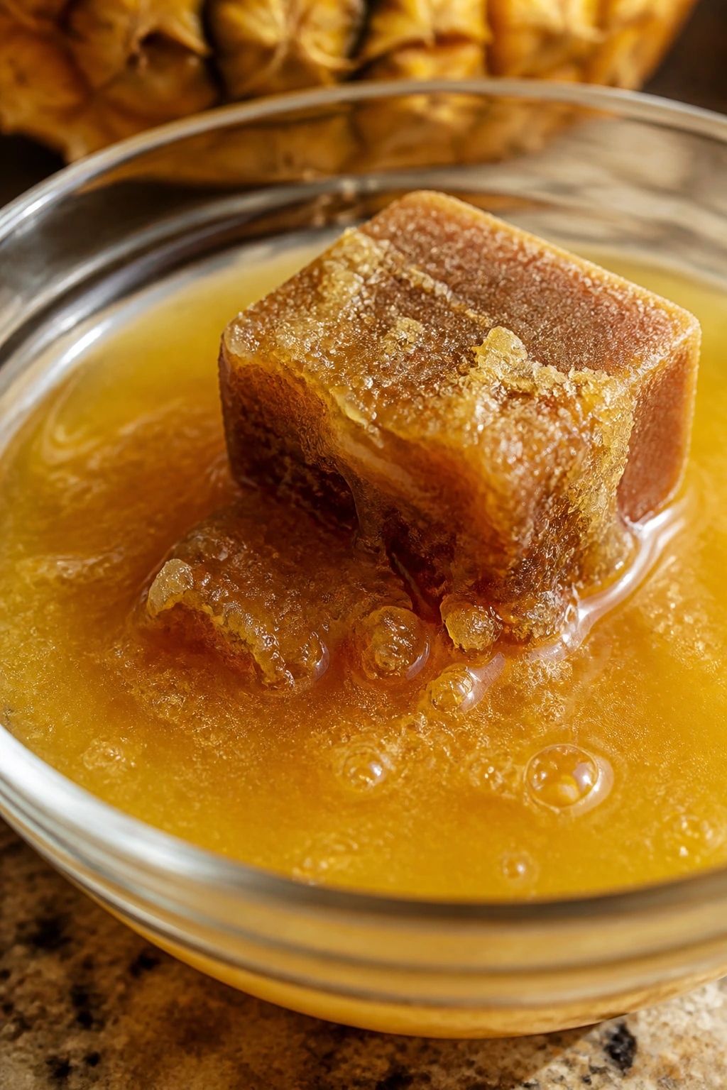 Palm sugar melting into pineapple juice in a kitchen bowl