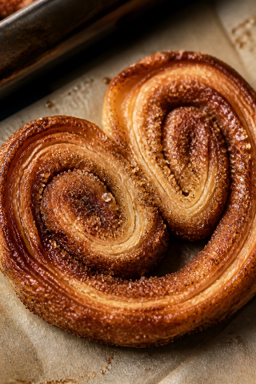 Close-up of a cinnamon sugar palmier pastry on parchment in a cozy kitchen