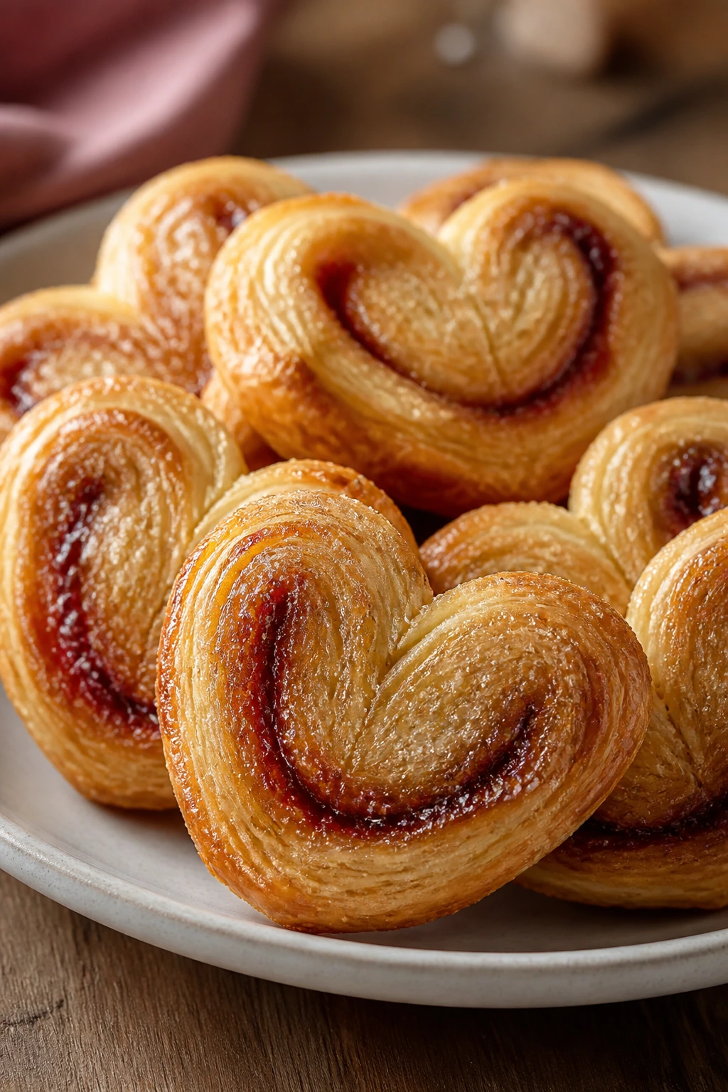 Close-up of heart-shaped palmiers with jam on a plate