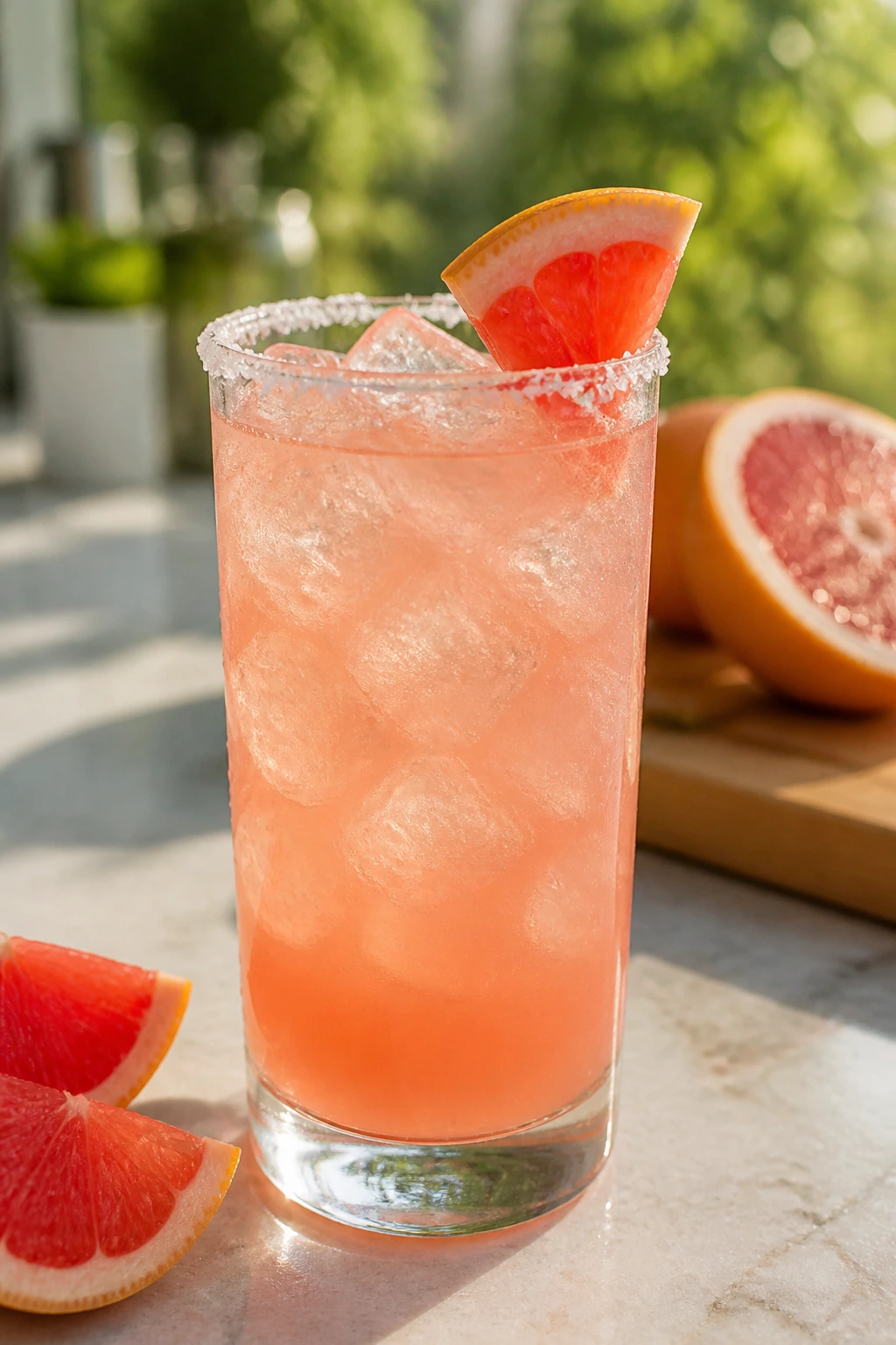 Paloma cocktail in highball glass with salted rim and grapefruit wedge