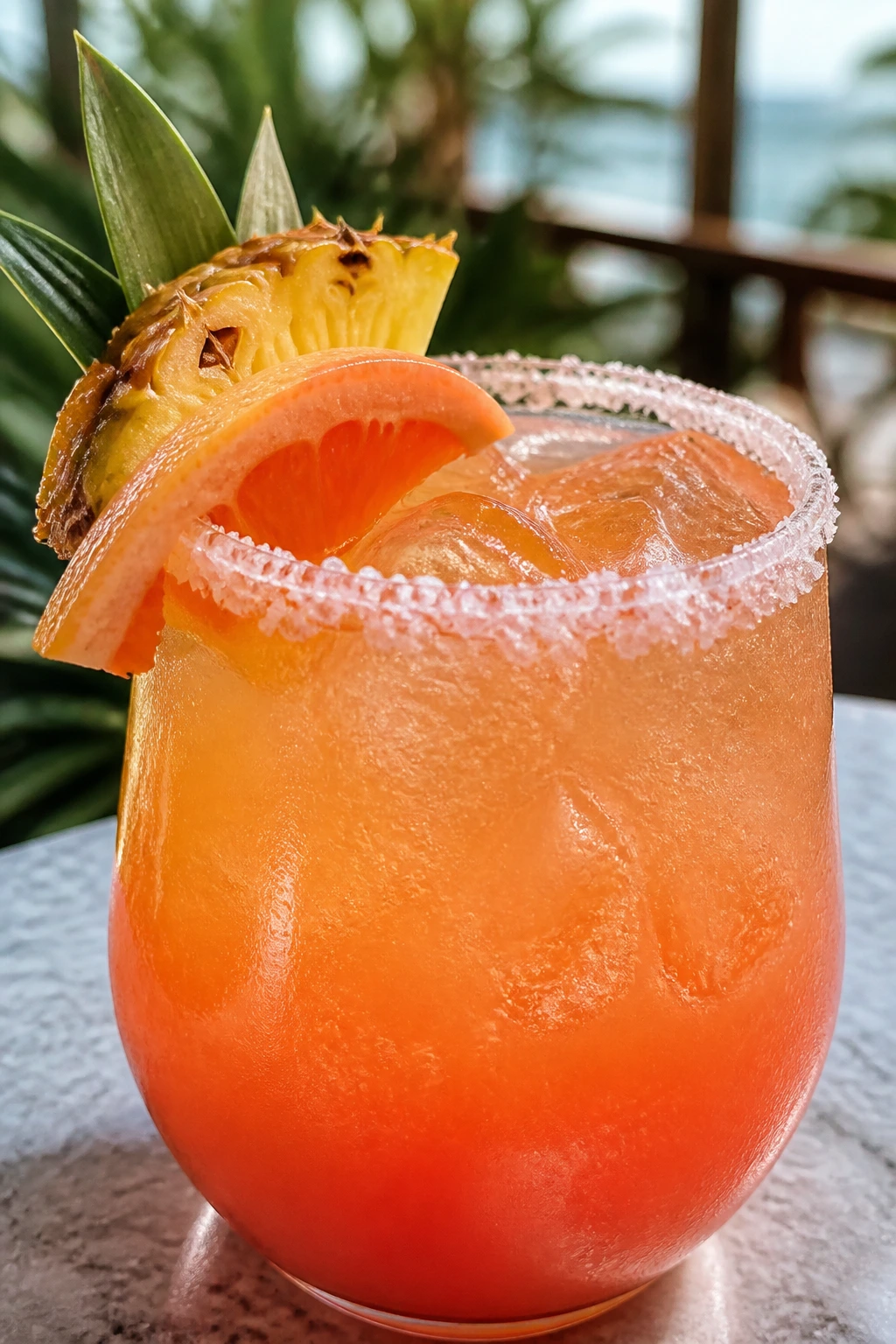 Tropical Paloma Spritz close-up with salted rim on patio