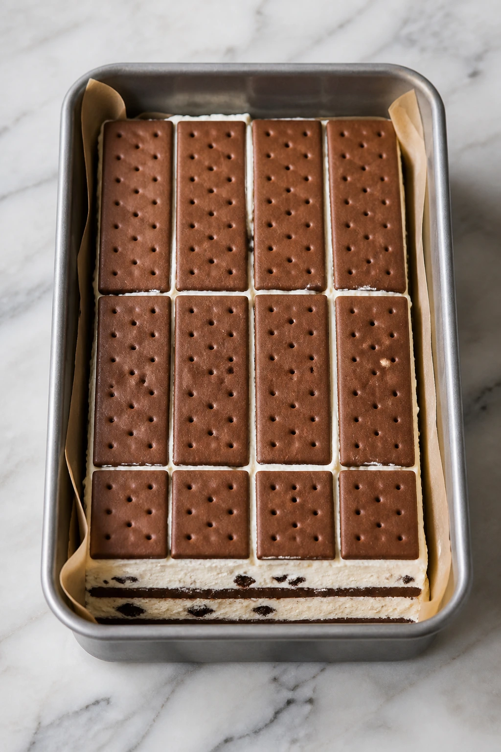 9x13-inch pan with parchment lined, showing layers of ice cream sandwiches