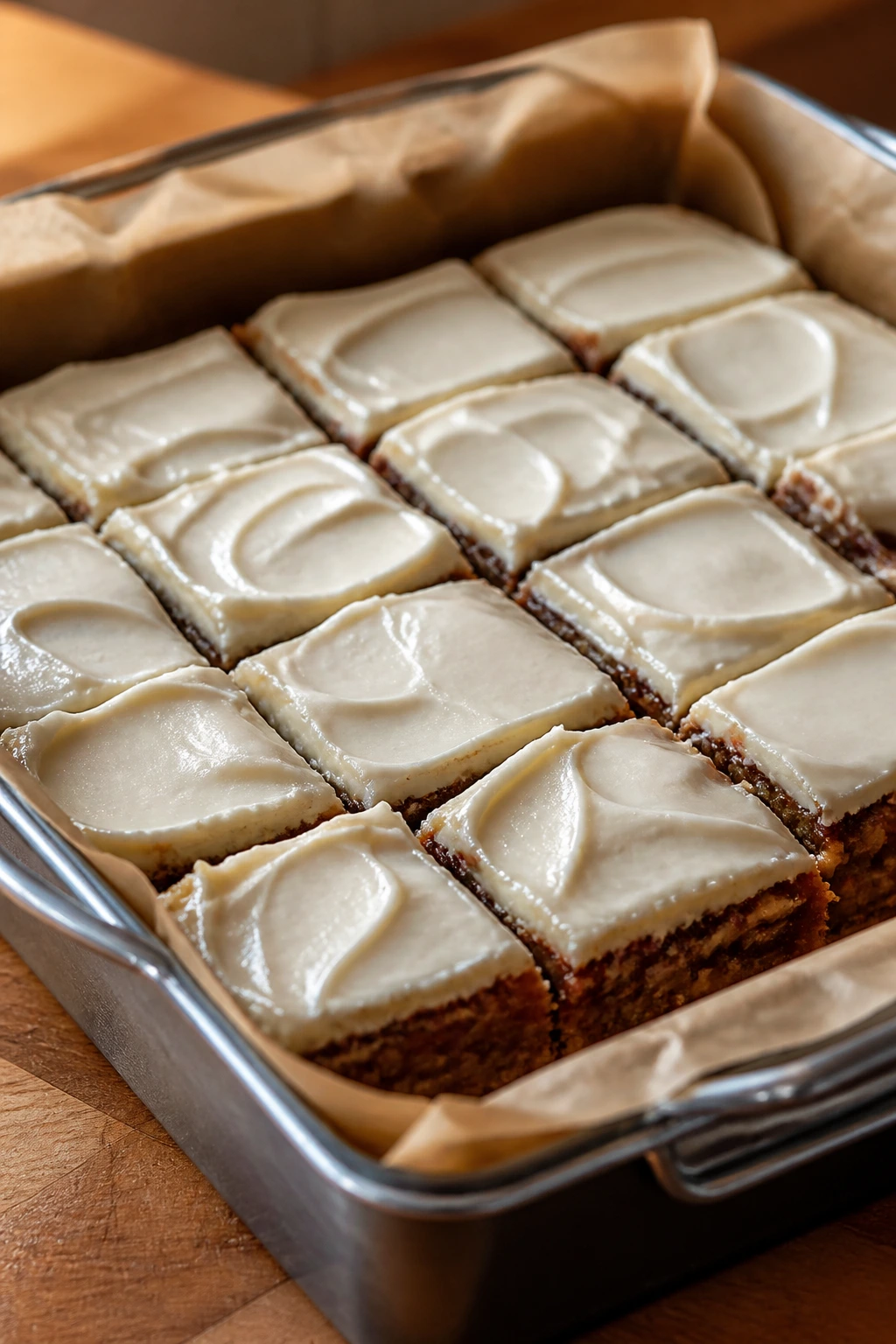 Rectangular pan with chewy date bars on a wooden counter