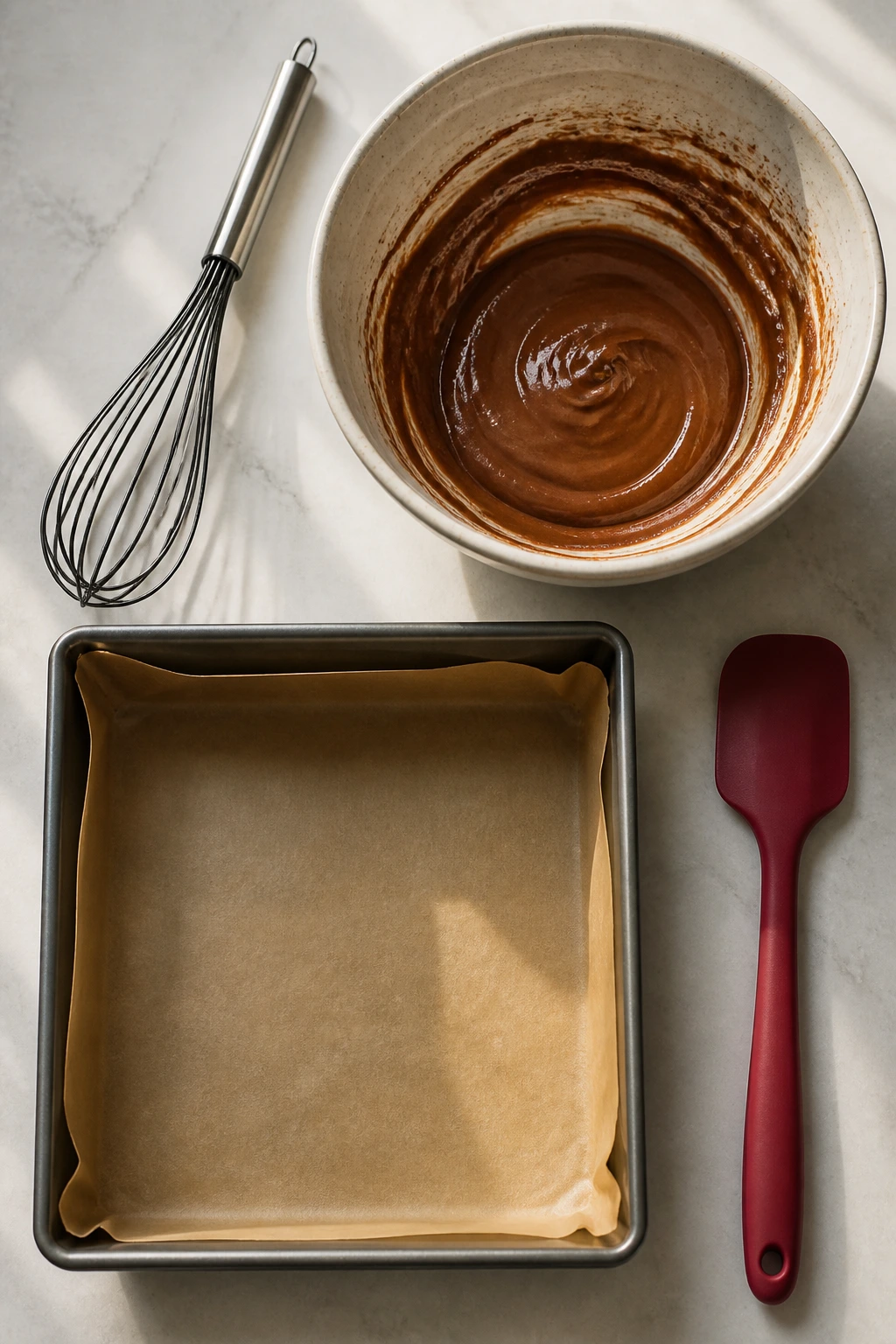 Top-down view of brownie baking setup with pan, parchment, bowl, whisk, and spatula.