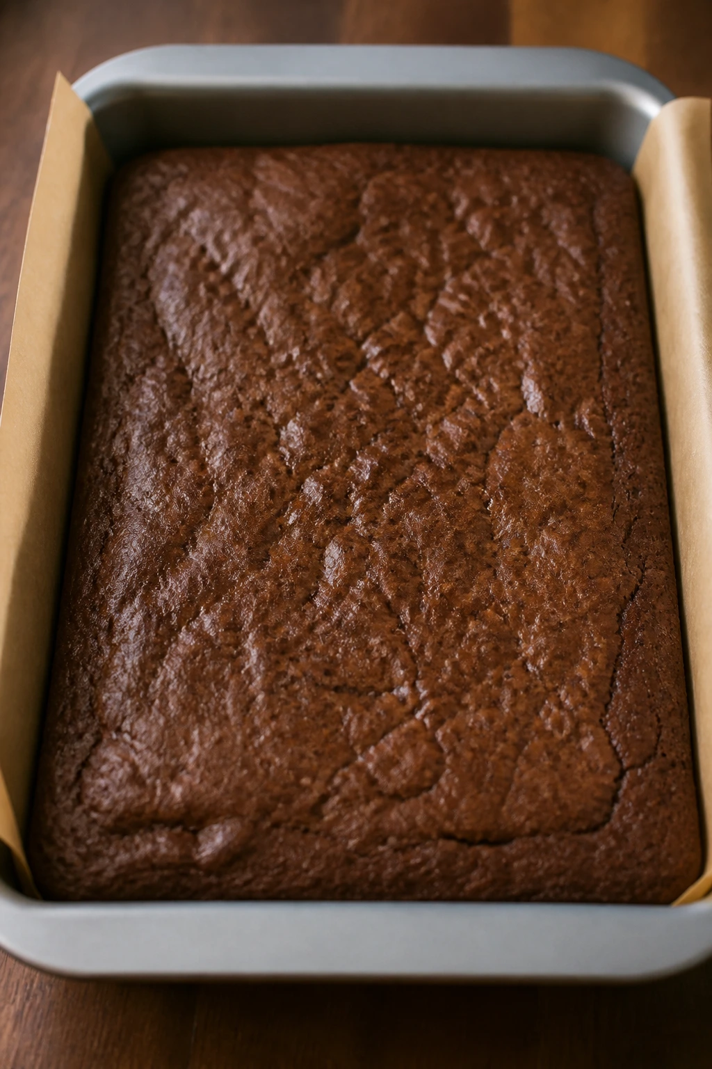 Pan with cooled brownie slab ready to frost