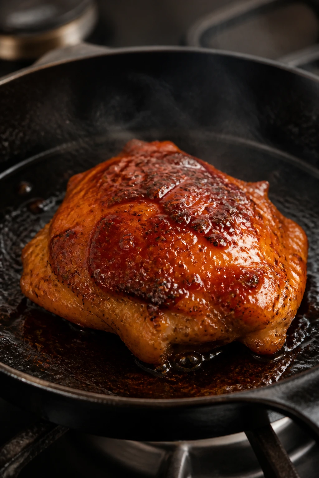 Searing chicken thigh in cast iron skillet with browning and glaze