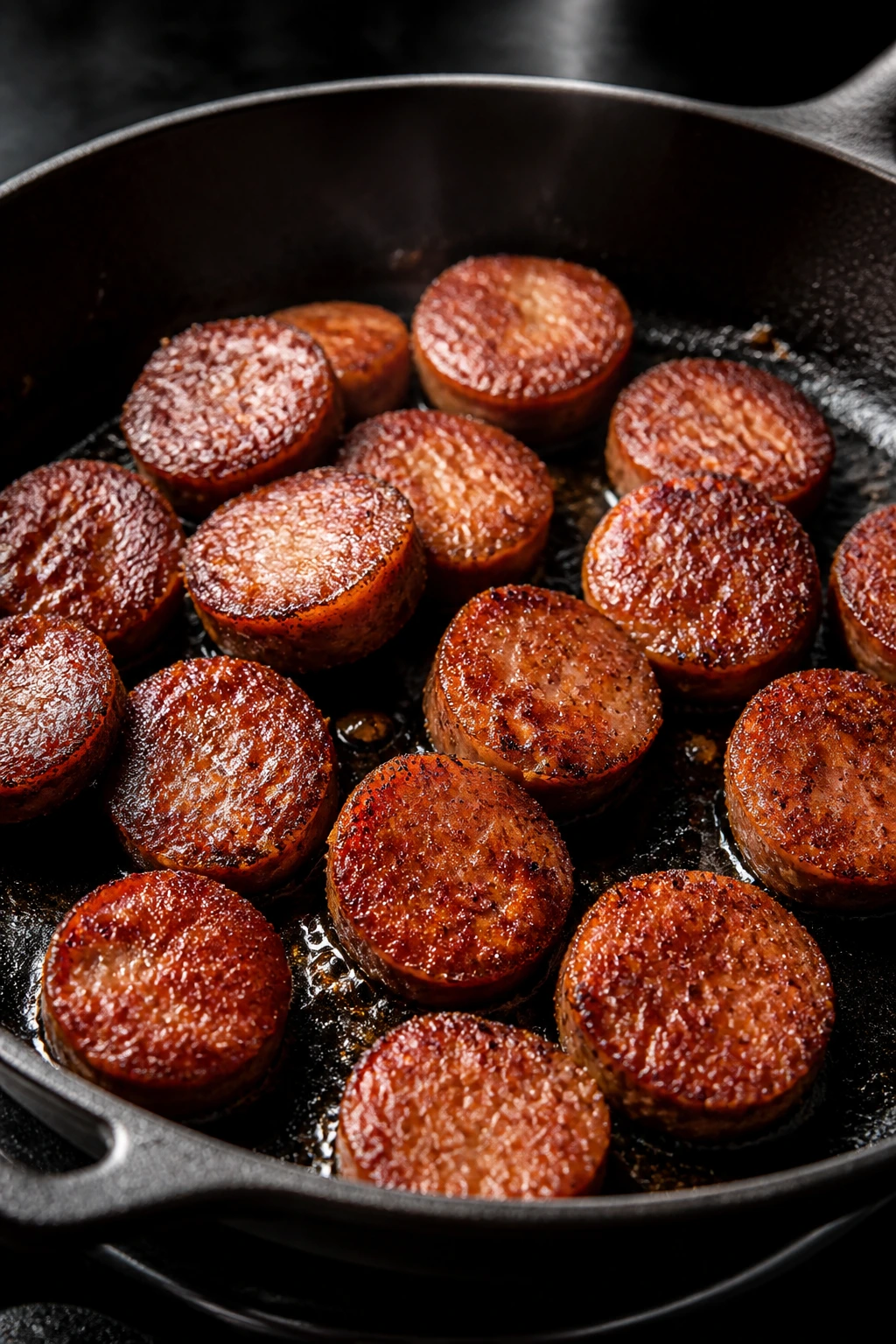 Sizzling sausage with crisp crust forming in hot skillet