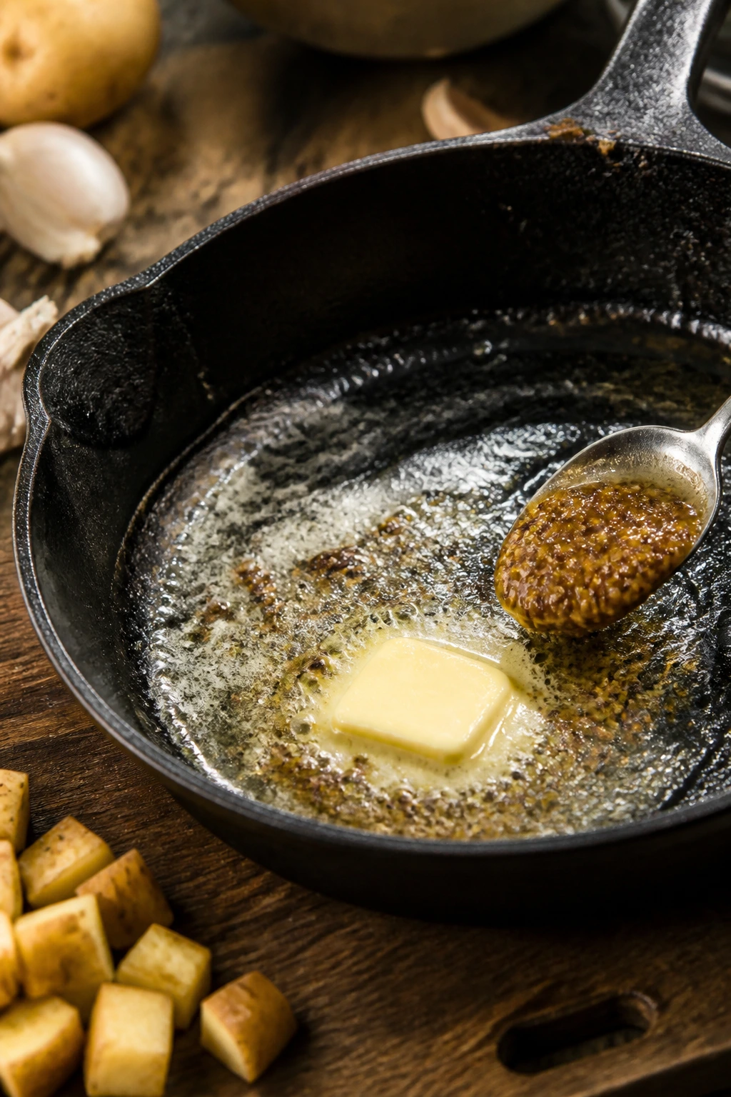 Close-up of a skillet with butter and mustard being stirred in a warm kitchen