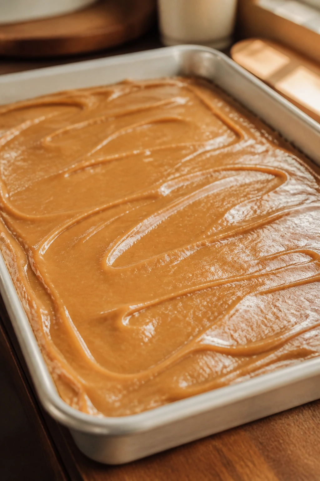 Glossy candy slab in pan with caramel color and smooth texture