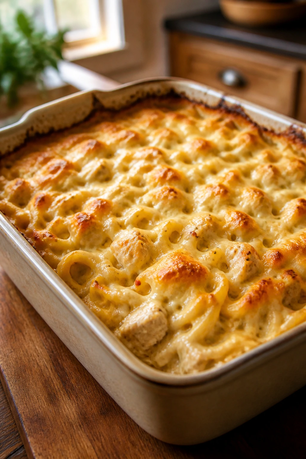 Close up of a cheesy chicken noodle casserole in a baking pan in a warm kitchen