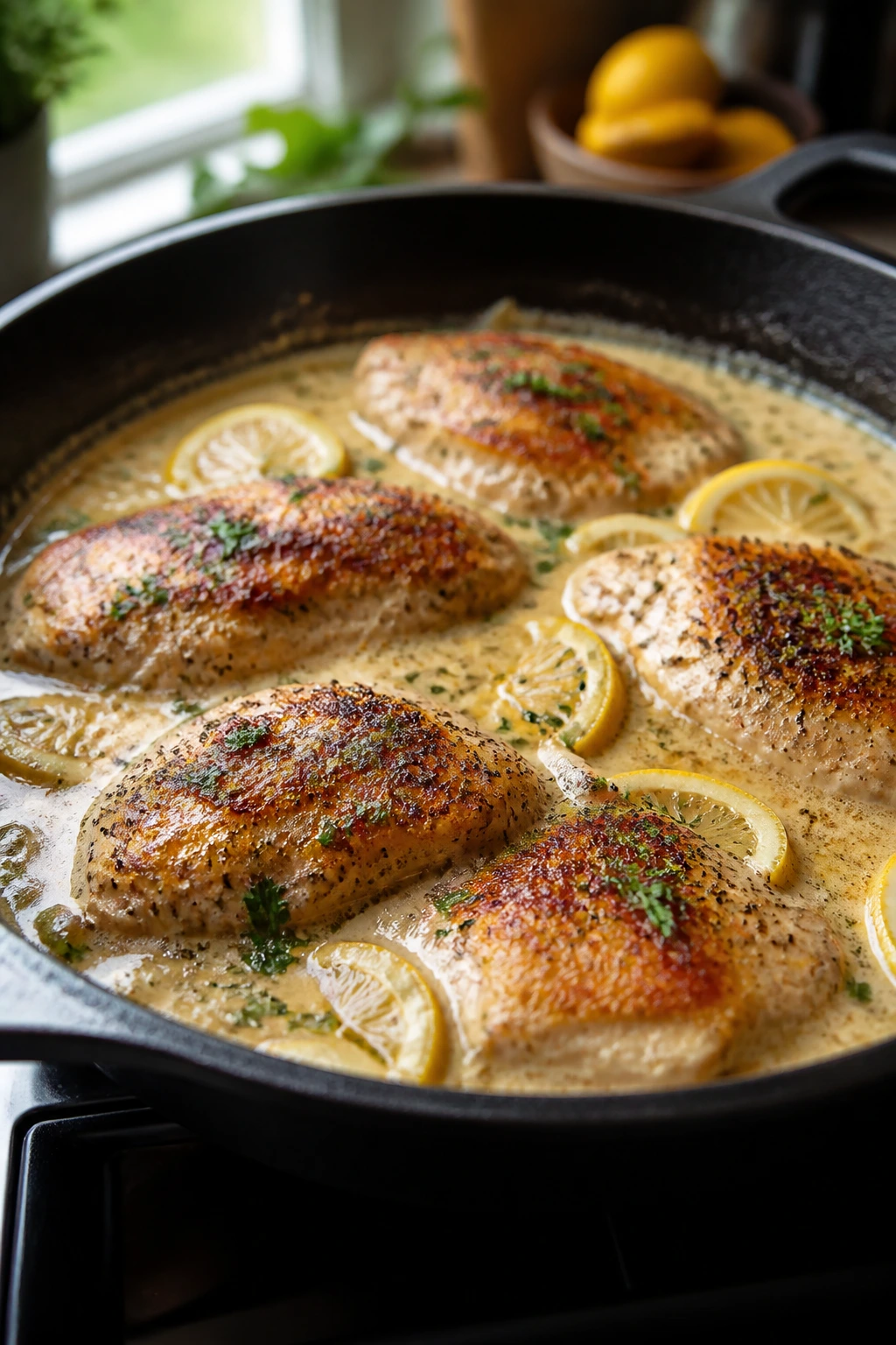 Close-up of a cast-iron pan with browned chicken in creamy lemon sauce filling the frame