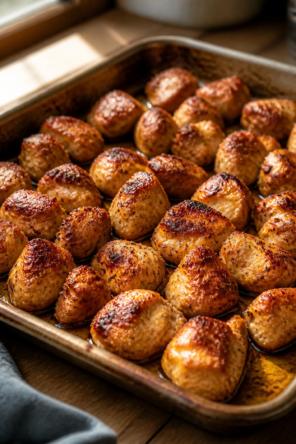 Close-up of a pan filled with browning chicken bites on a wooden kitchen counter