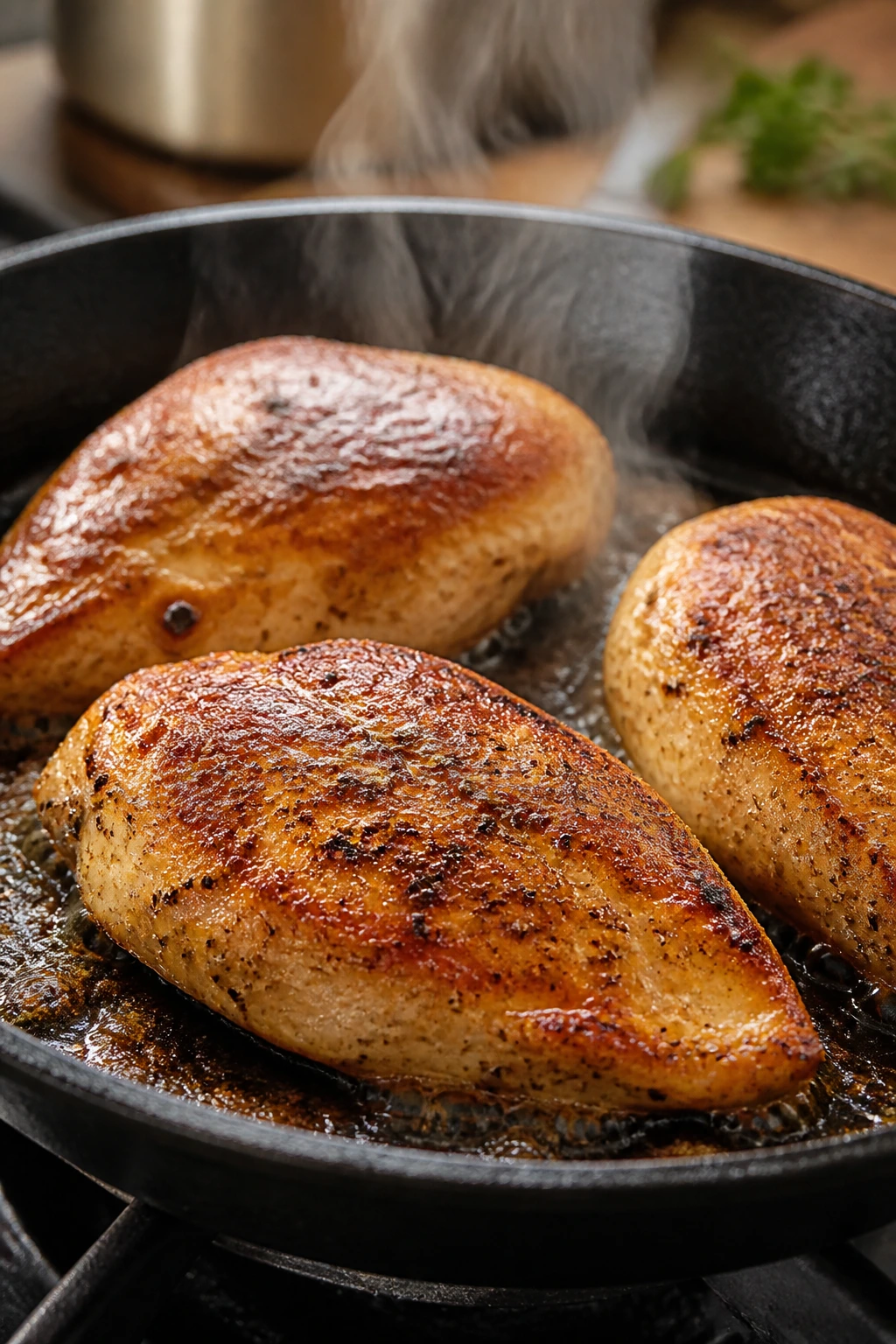 Close-up of chicken breasts browning in a skillet