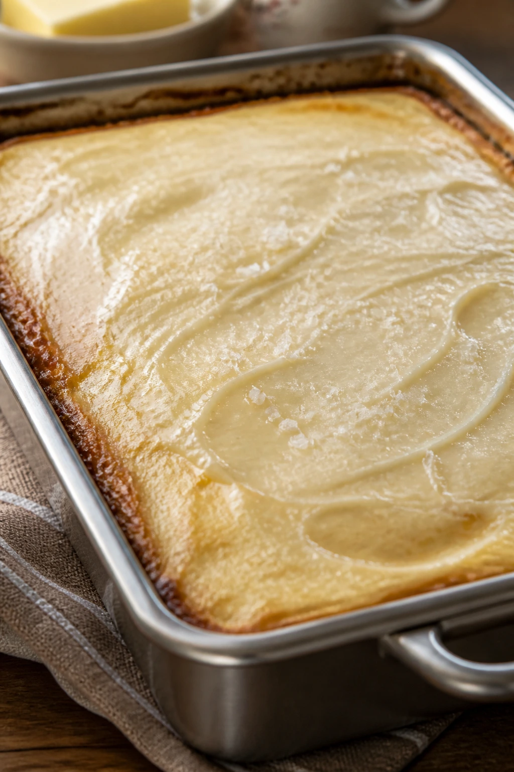 Corn pudding in a pan with glossy frosting