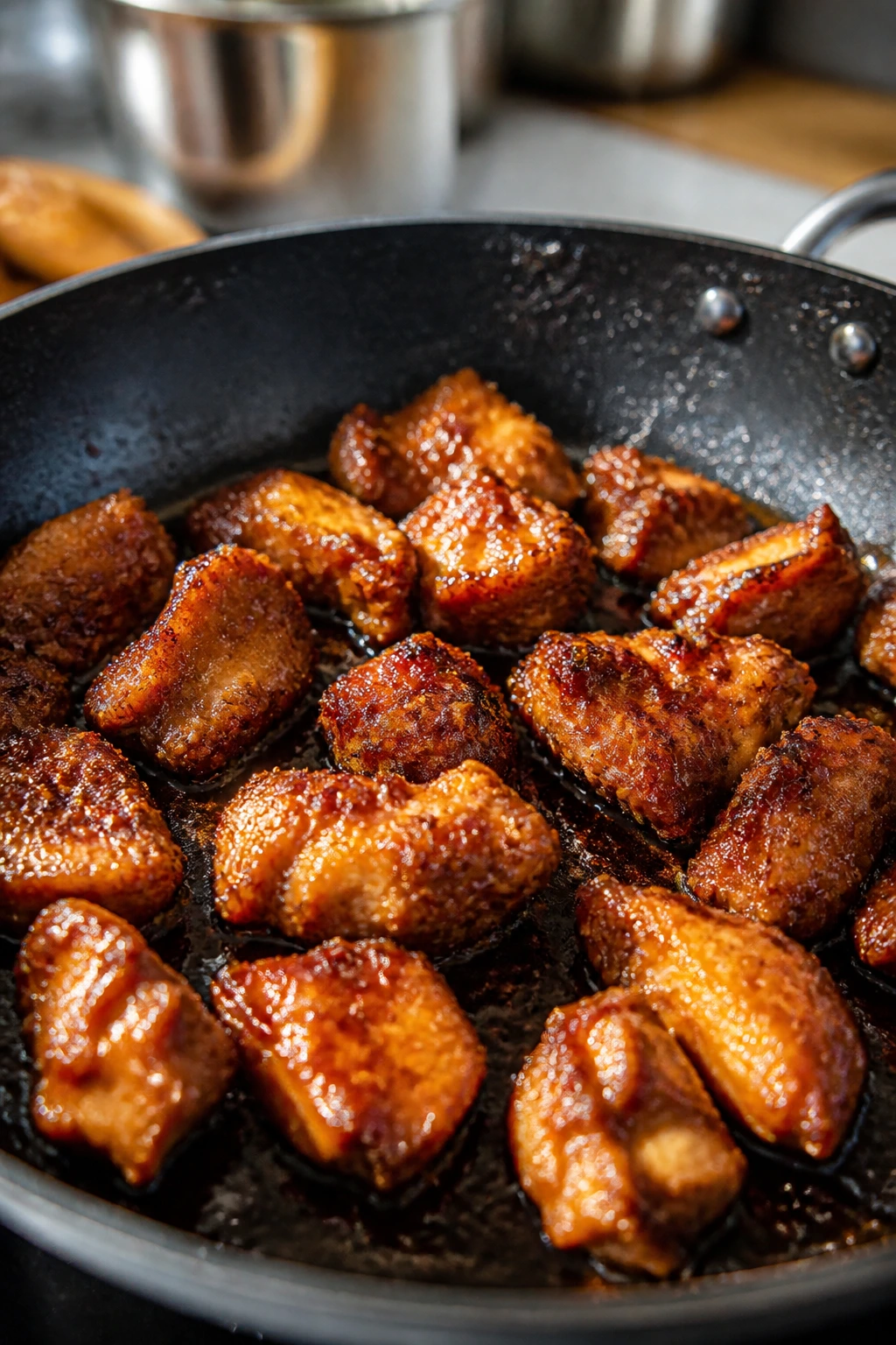 Chicken in a pan with browned edges and glossy sauce