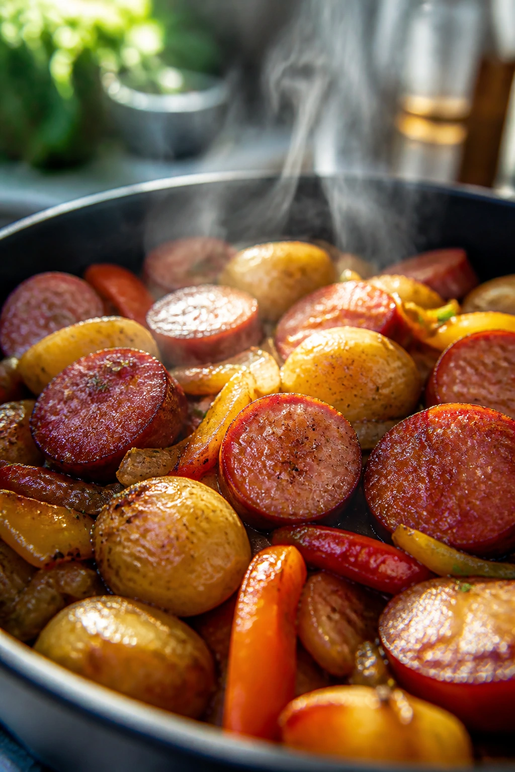 Plated pan dinner with sausage, potatoes, and peppers steaming hot
