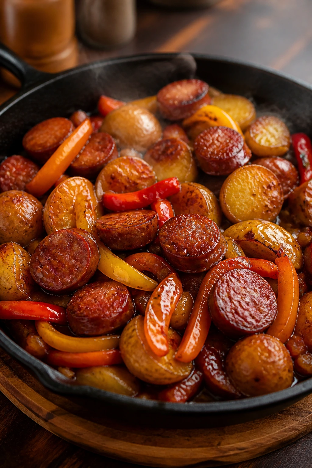 Close-up of pan dinner with sausage, potatoes, peppers and glossy glaze