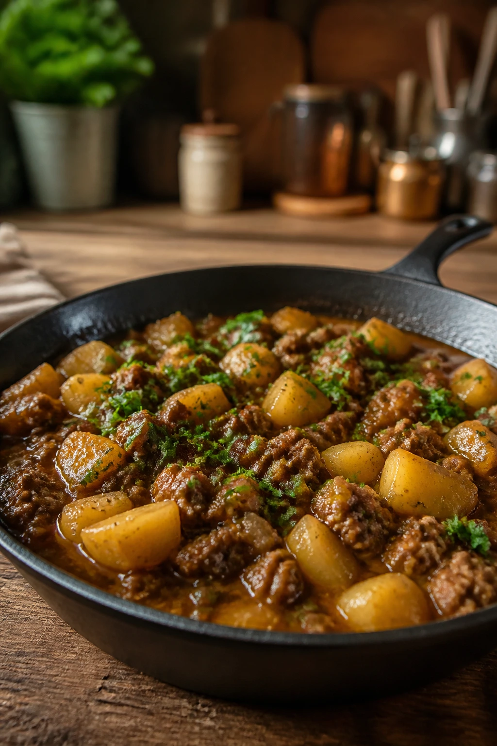 Finished pan with beef, potatoes, gravy and parsley on a rustic kitchen table