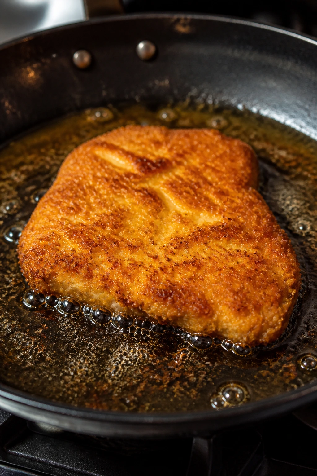Chicken cutlet sizzling in hot oil with crisp crust forming