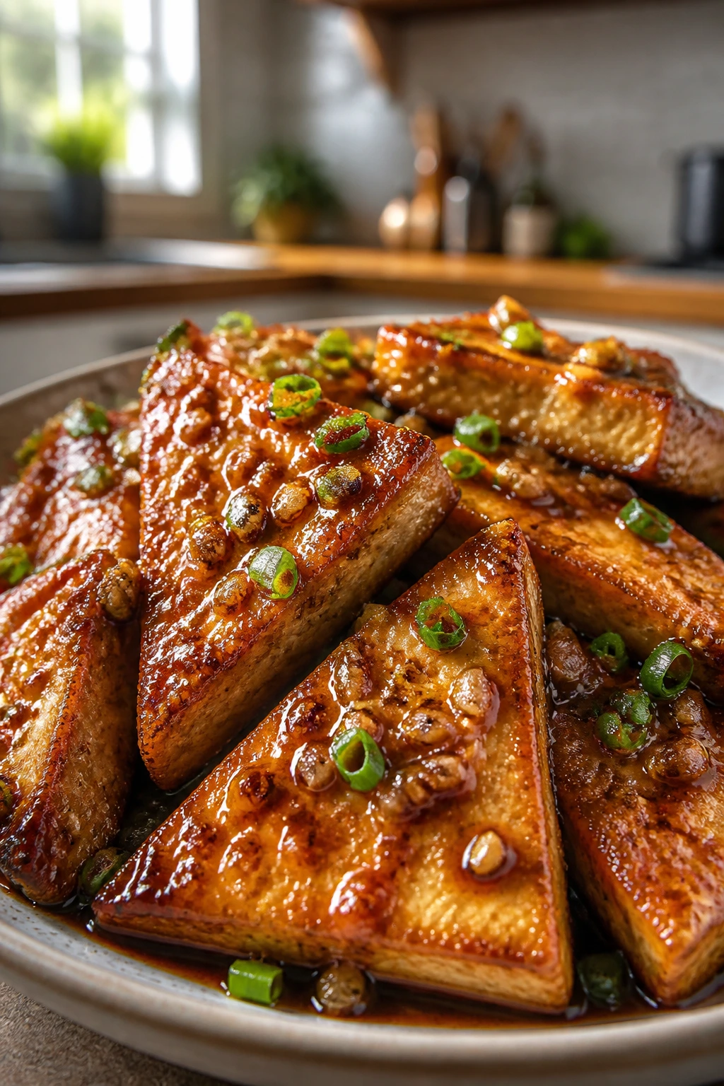 Pan-fried tofu with garlic soy glaze on plate