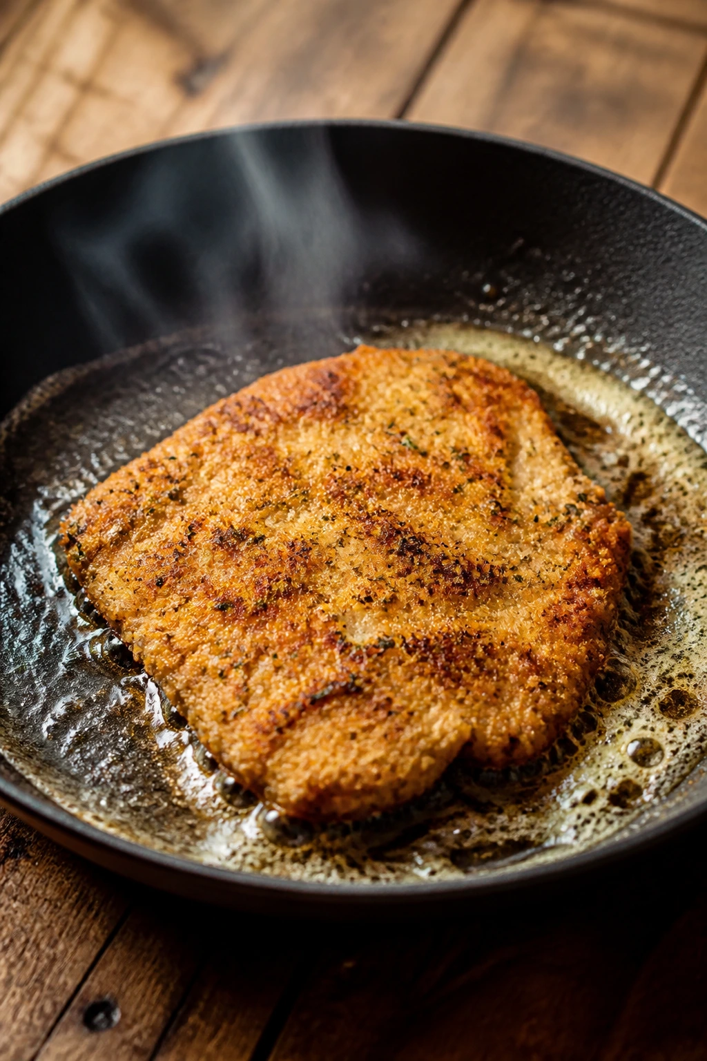 Breaded turkey frying in olive oil and butter