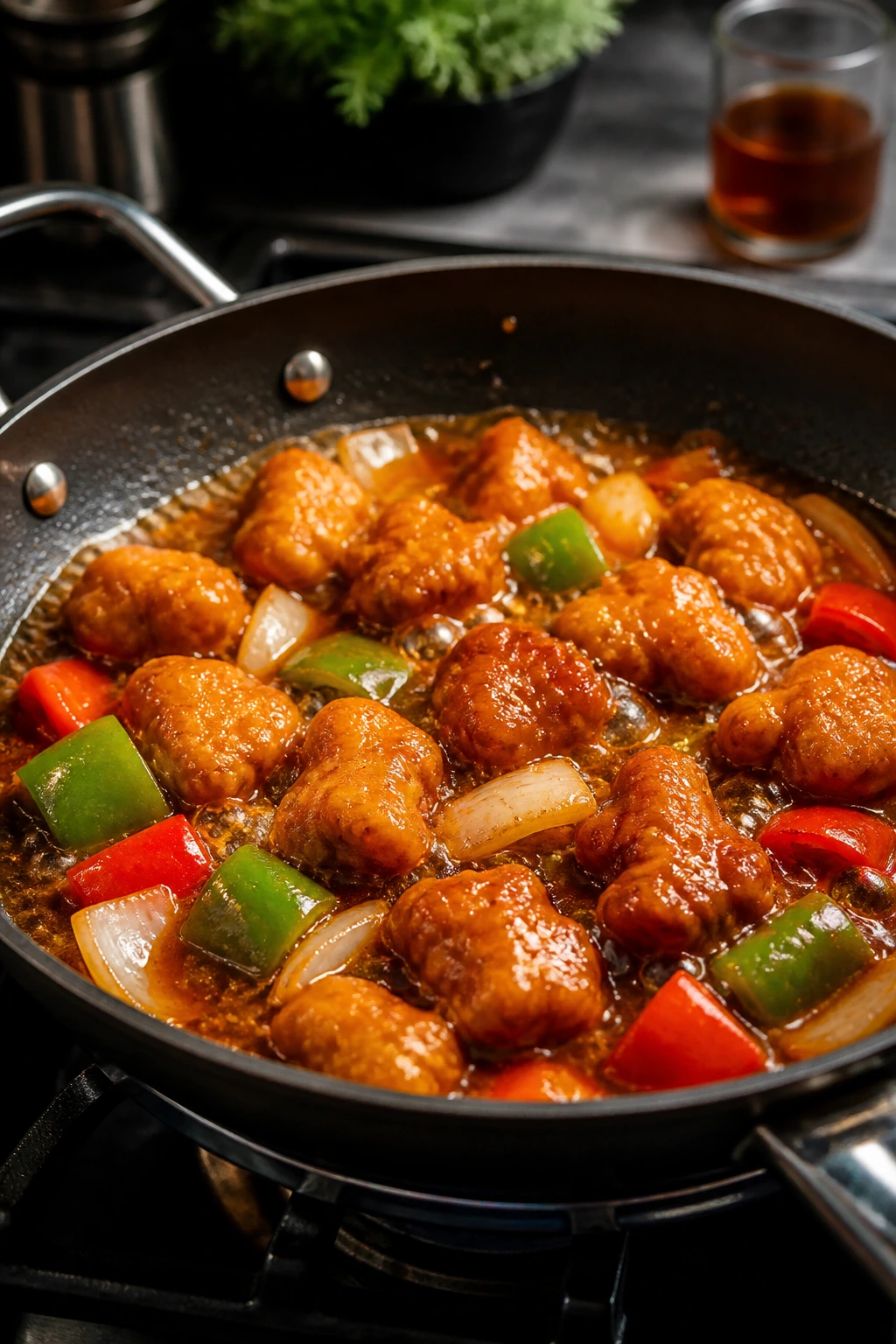 Close-up of pan-fried chicken in oil with glossy sauce