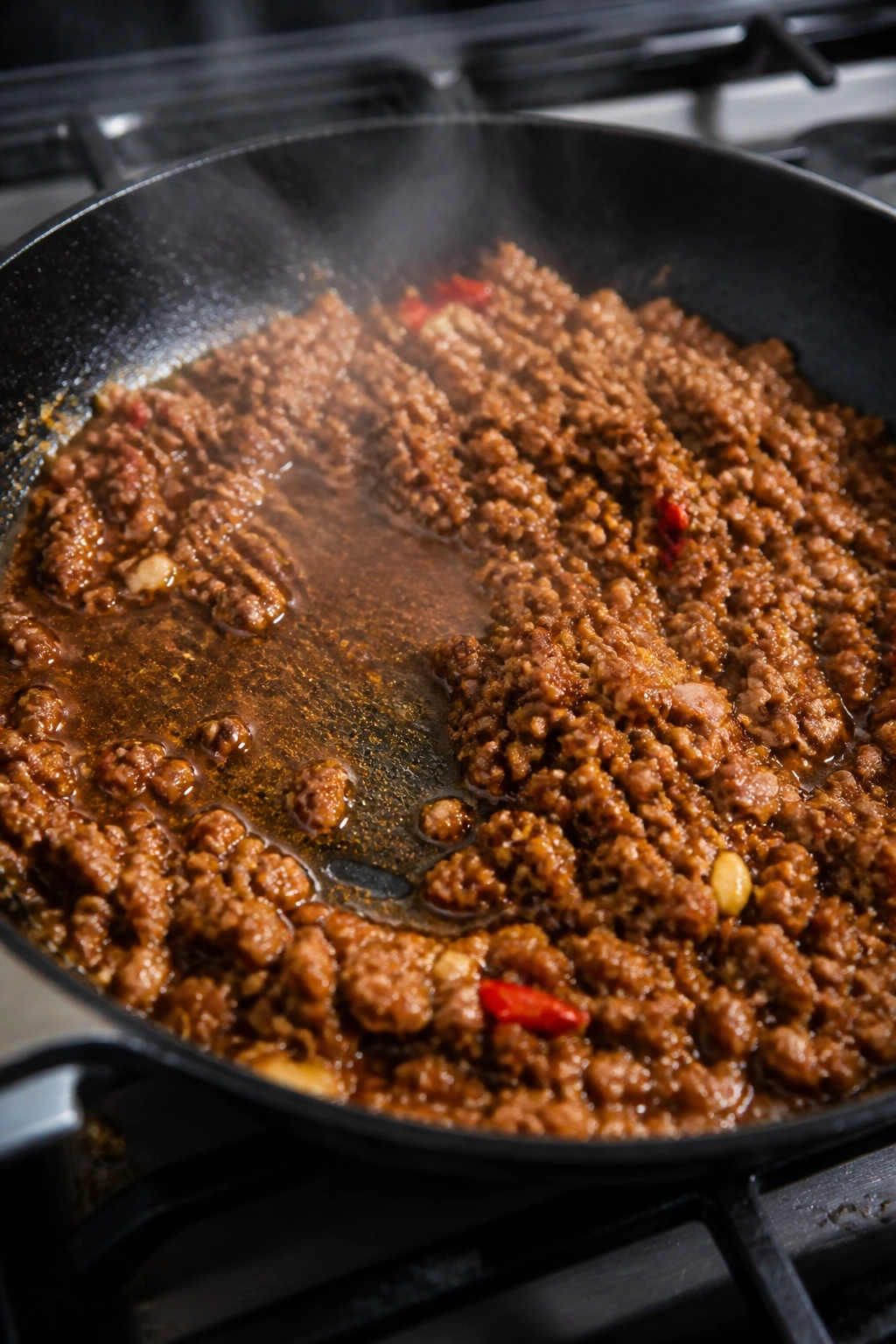 Pan with uneven browning and wet glaze in a hot skillet