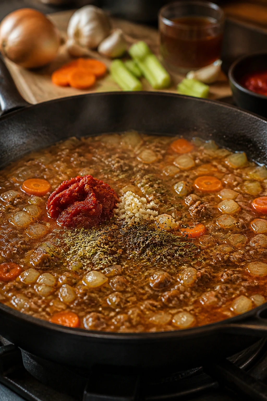 Skillet with onions, garlic, tomato paste, broth, and herbs simmering into a gravy