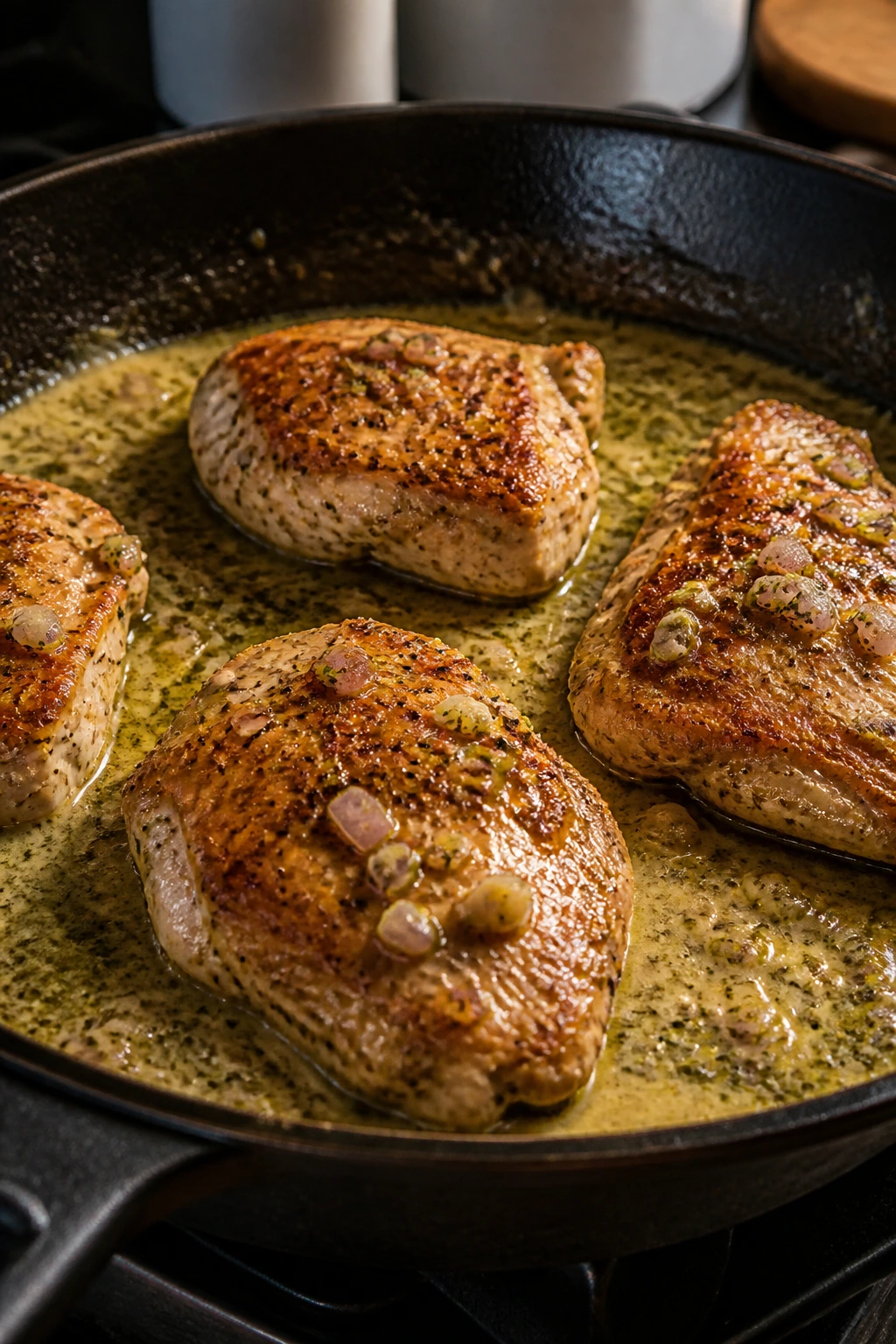 Close-up of a skillet with chicken browning in a glossy sauce