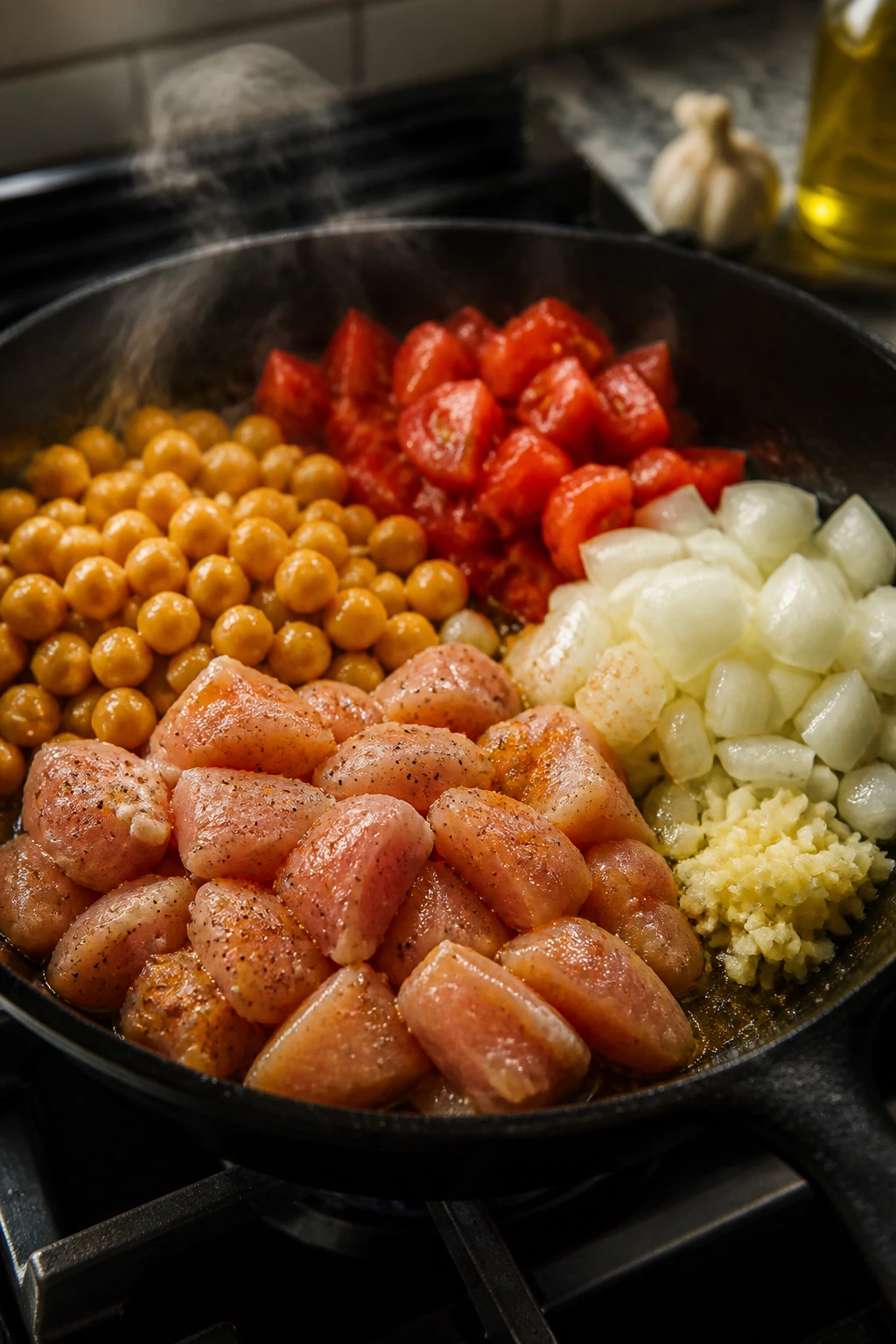 Ingredients about to enter a hot skillet: chicken, chickpeas, tomatoes, onion, garlic