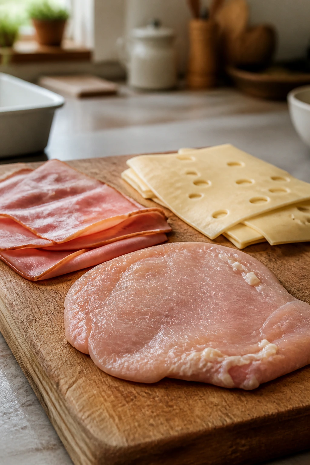 Ham, Swiss cheese, and chicken cutlet ready for pan preparation