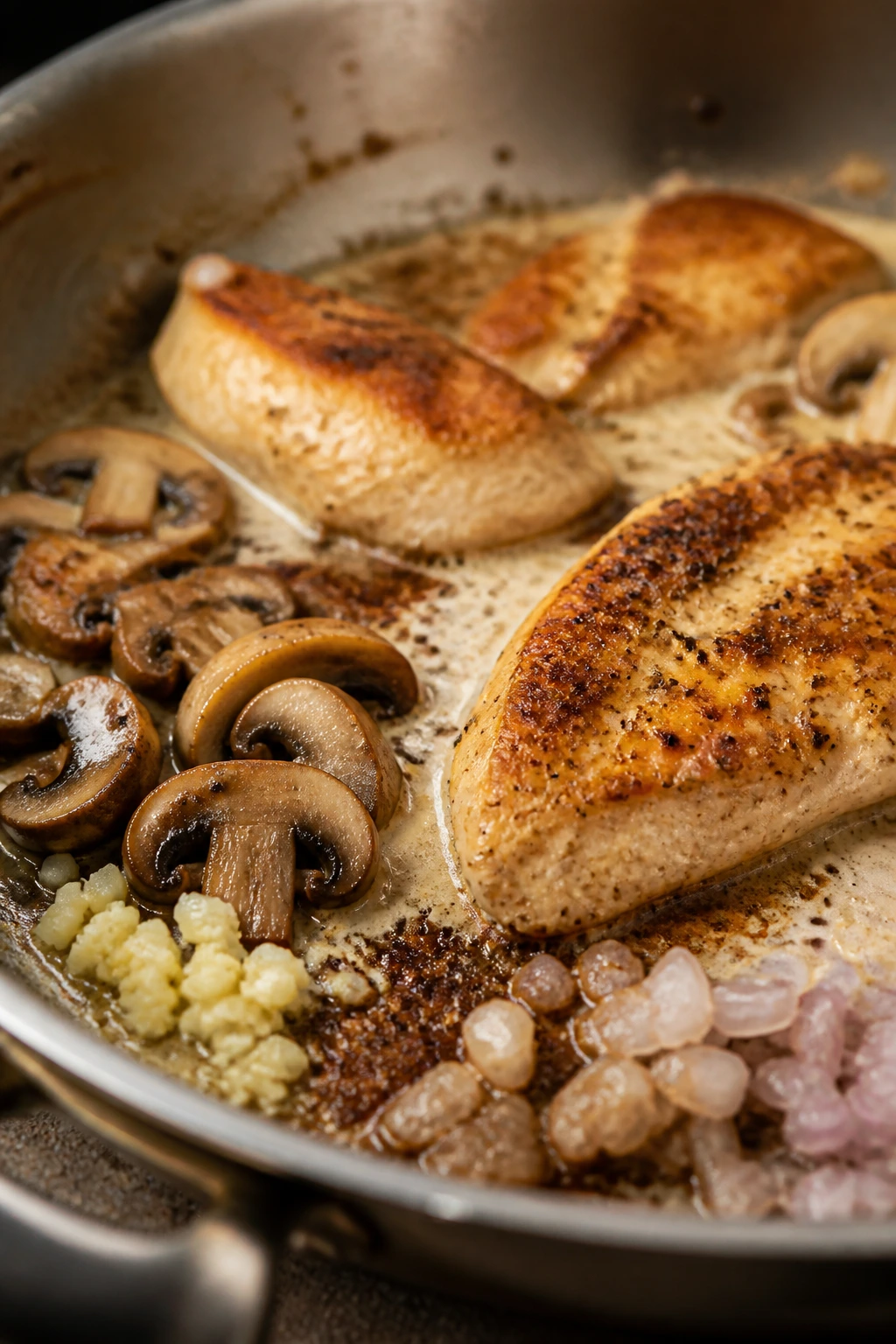 Skillet with chicken crust, mushrooms, and garlic in creamy sauce