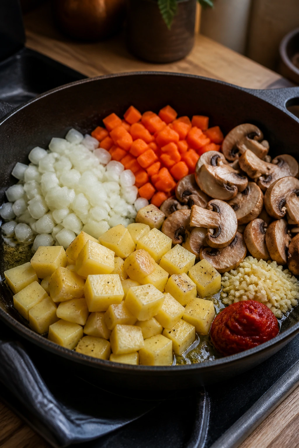 Ingredients prepped for skillet dinner: onion, carrot, mushrooms, garlic, potatoes and tomato paste in pan