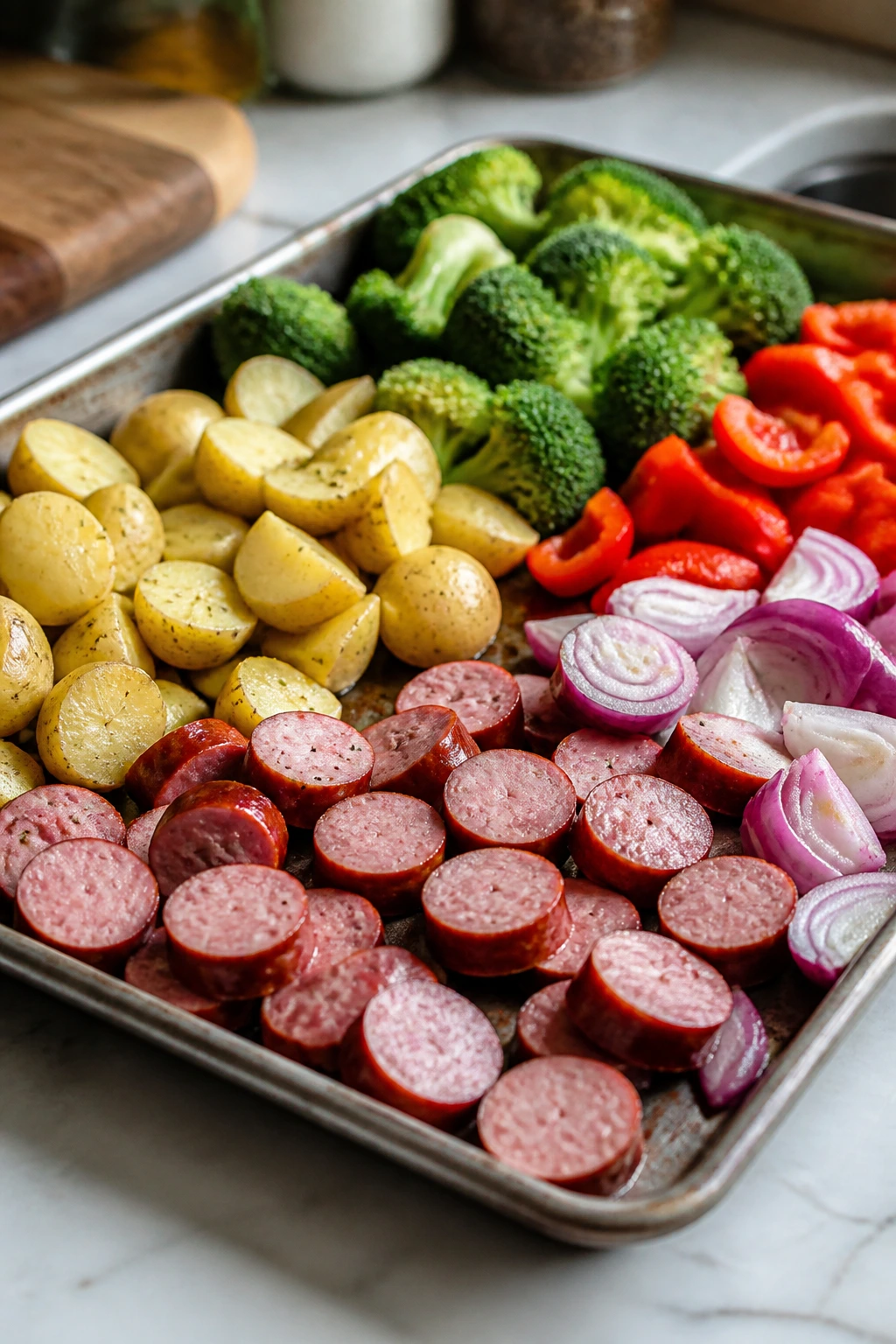 Raw ingredients arranged on a sheet pan ready for roasting