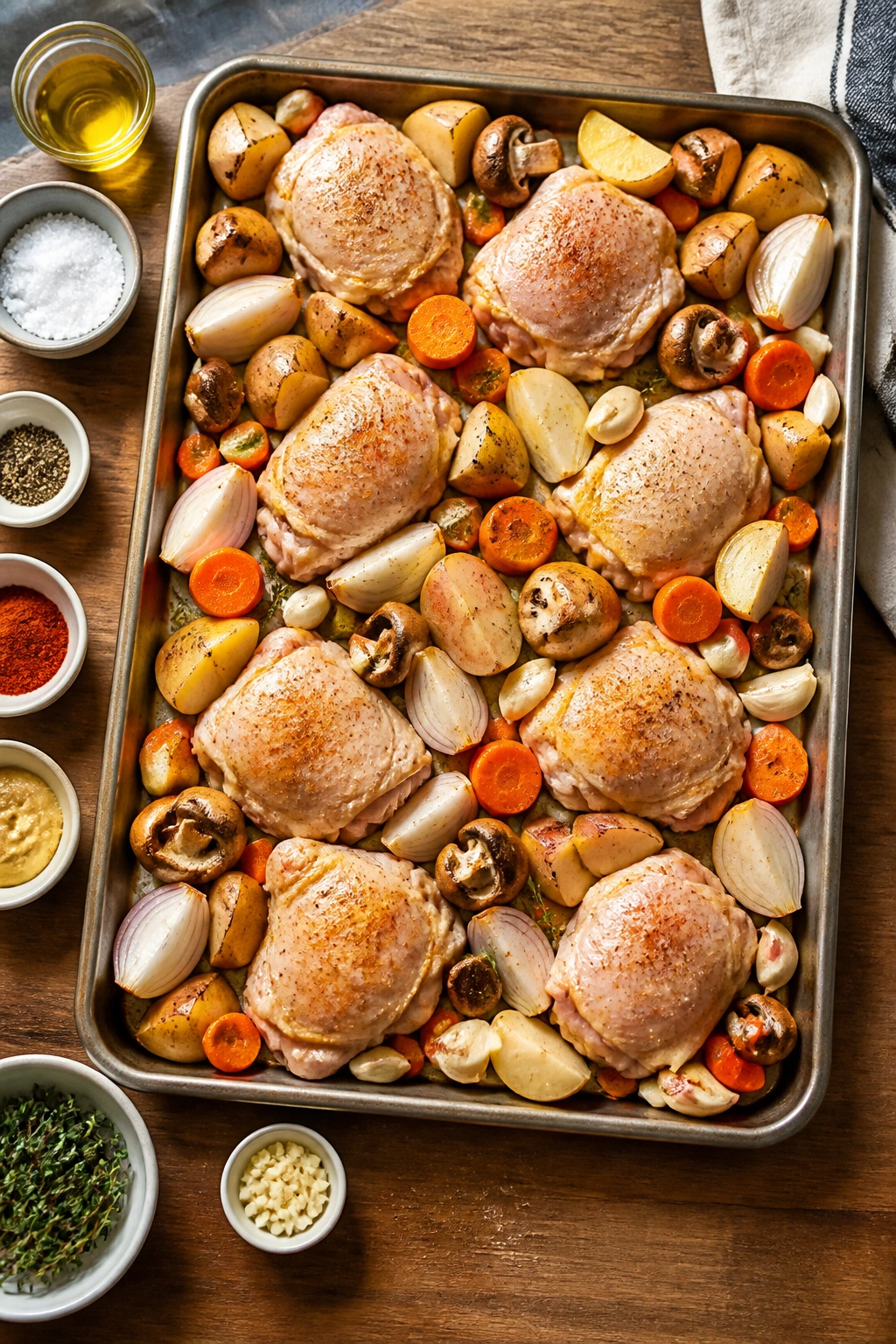 Top-down view of a pan with prepped chicken and vegetables ready for roasting