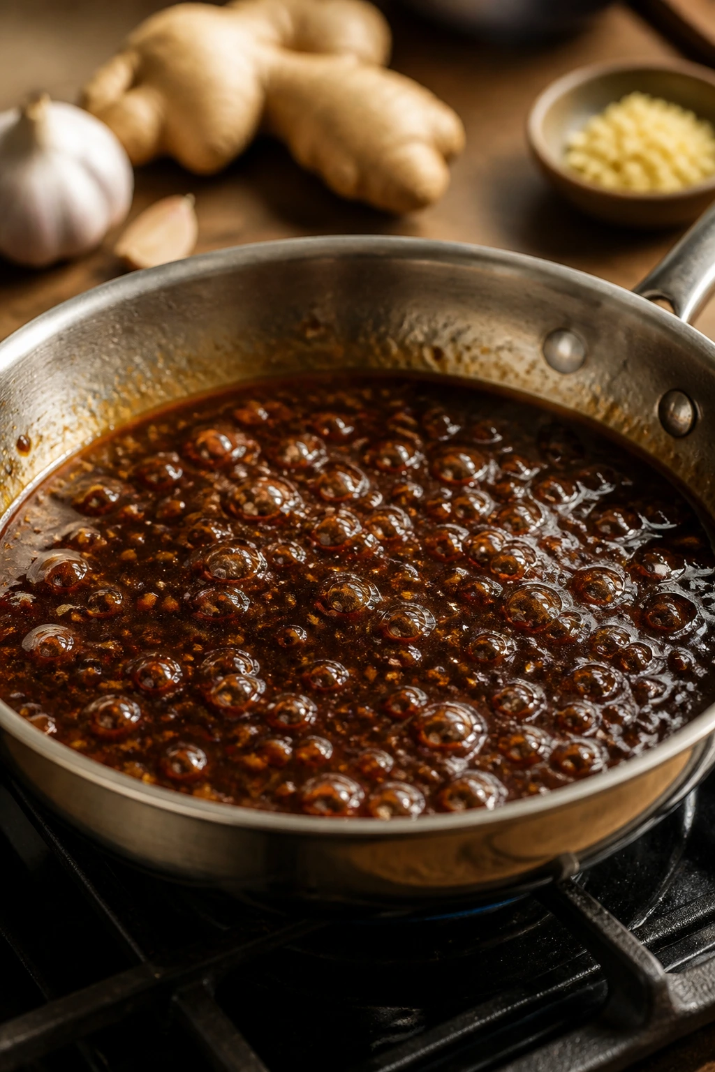 Sauce simmering in pan with garlic and ginger accents