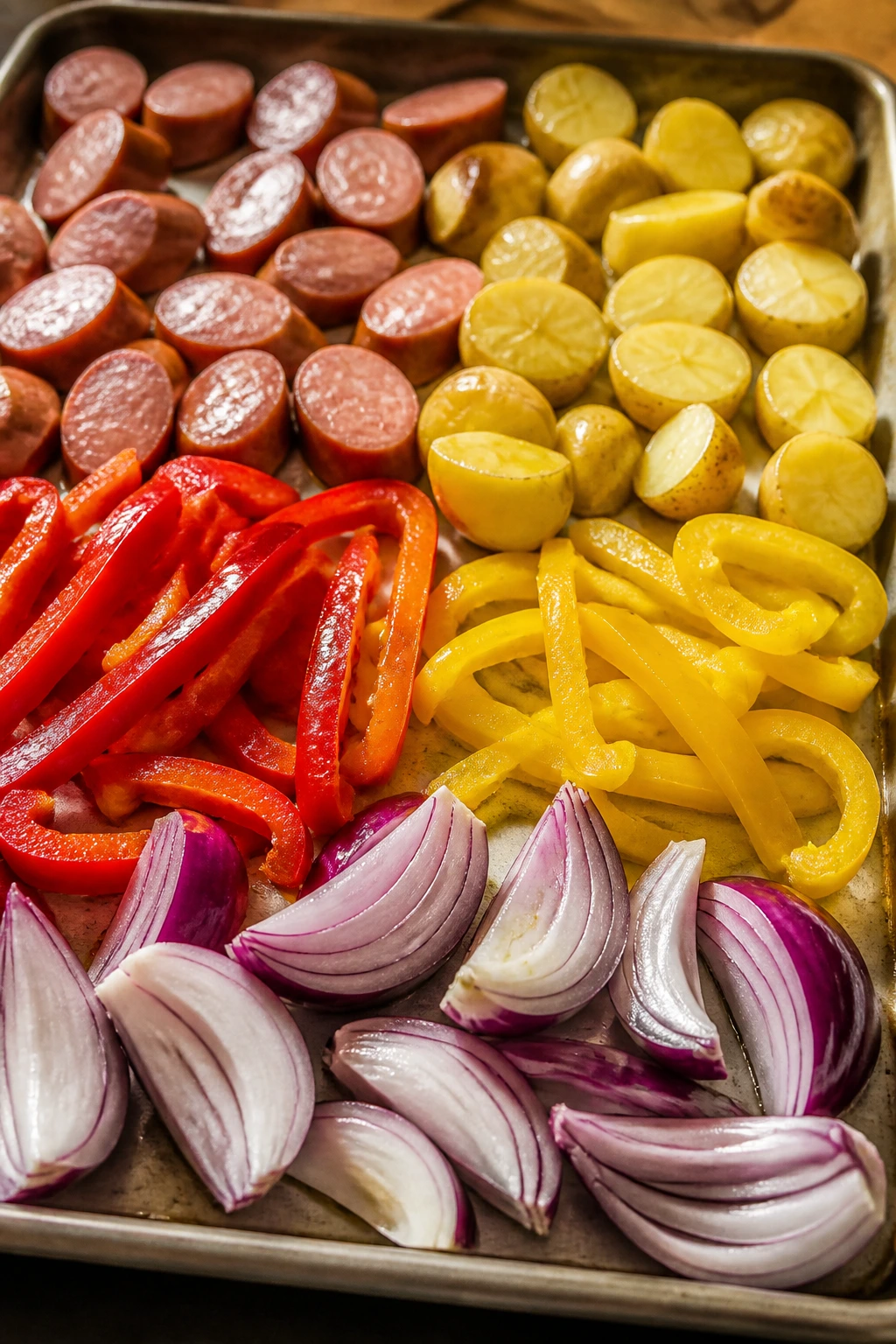 Sheet-pan layout with sausage, potatoes, peppers, and onion ready to cook