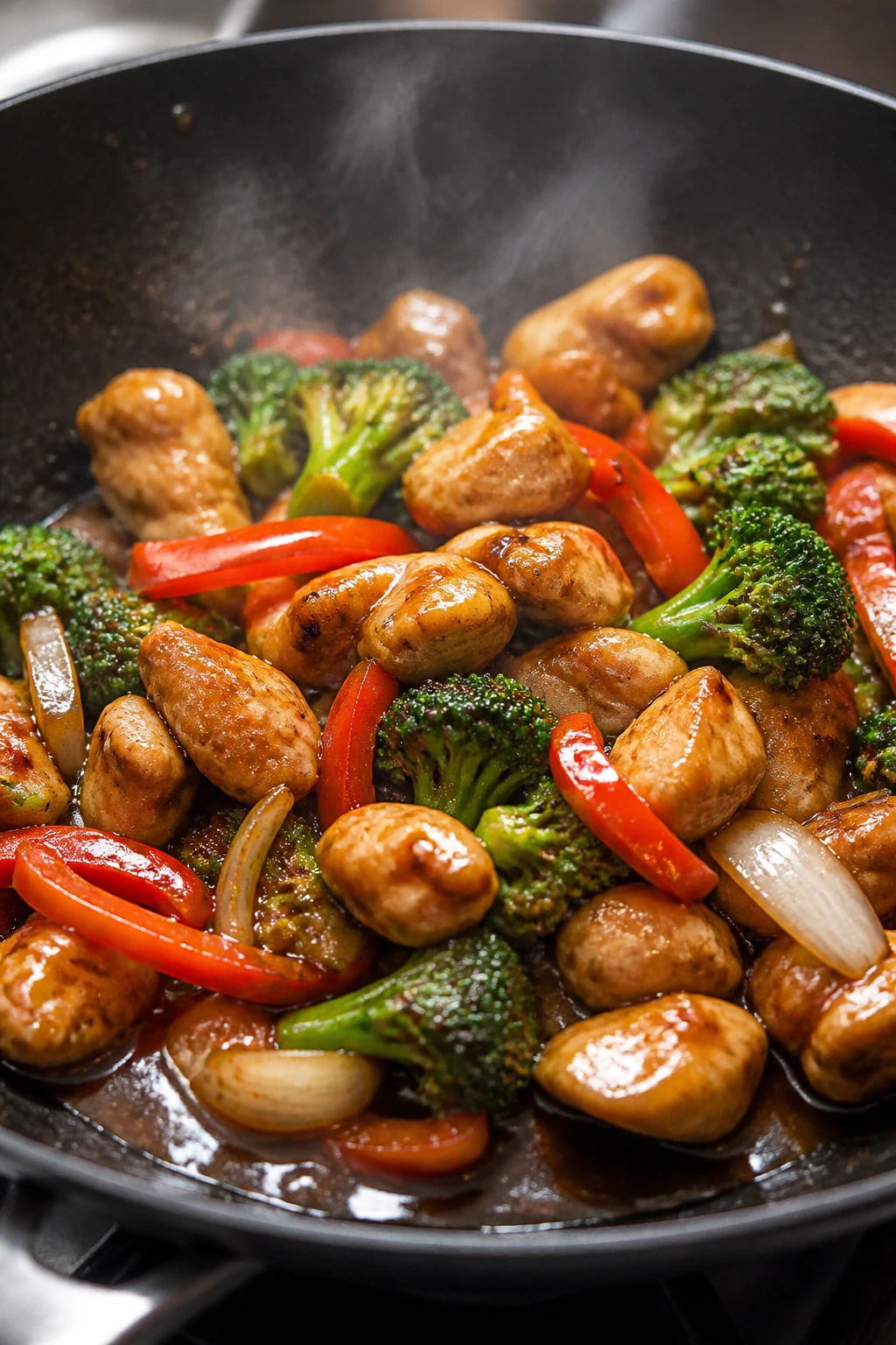 Sizzling pan with chicken and vegetables in glossy glaze mid-cook