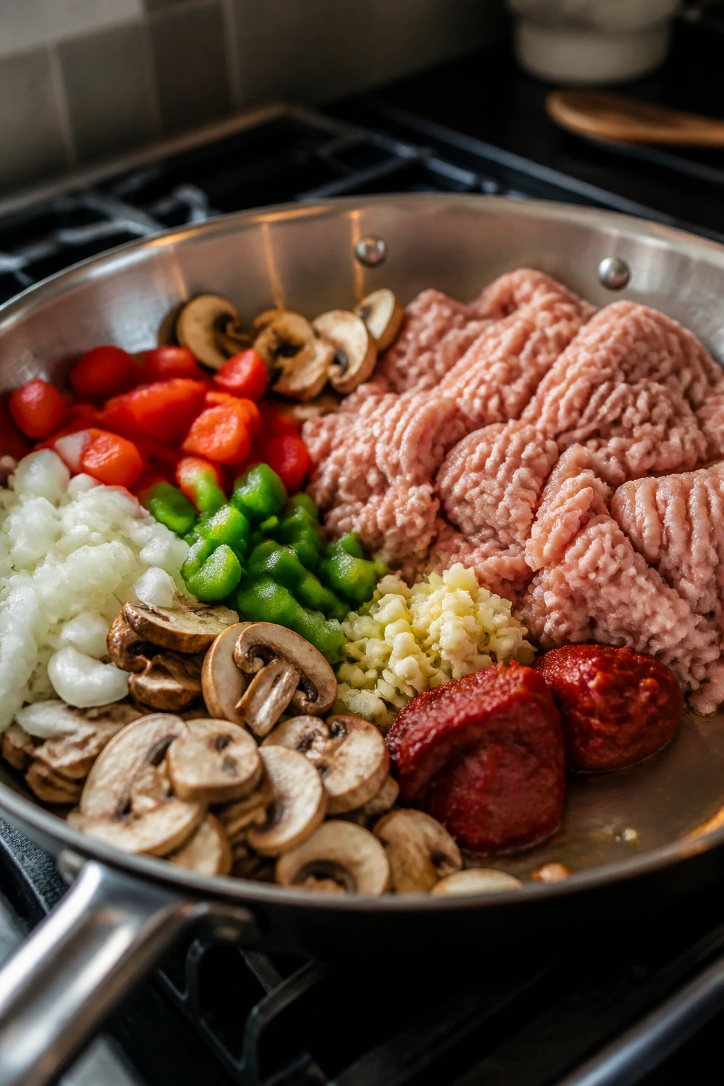Medium close-up of a skillet with onions, mushrooms, peppers and turkey just added
