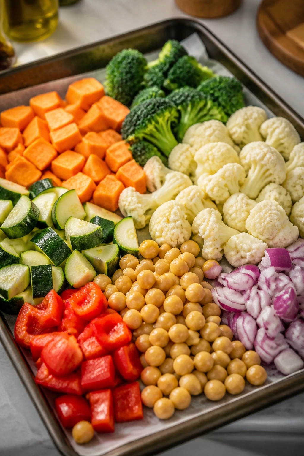 Close-up of chopped vegetables and chickpeas ready to pan roast