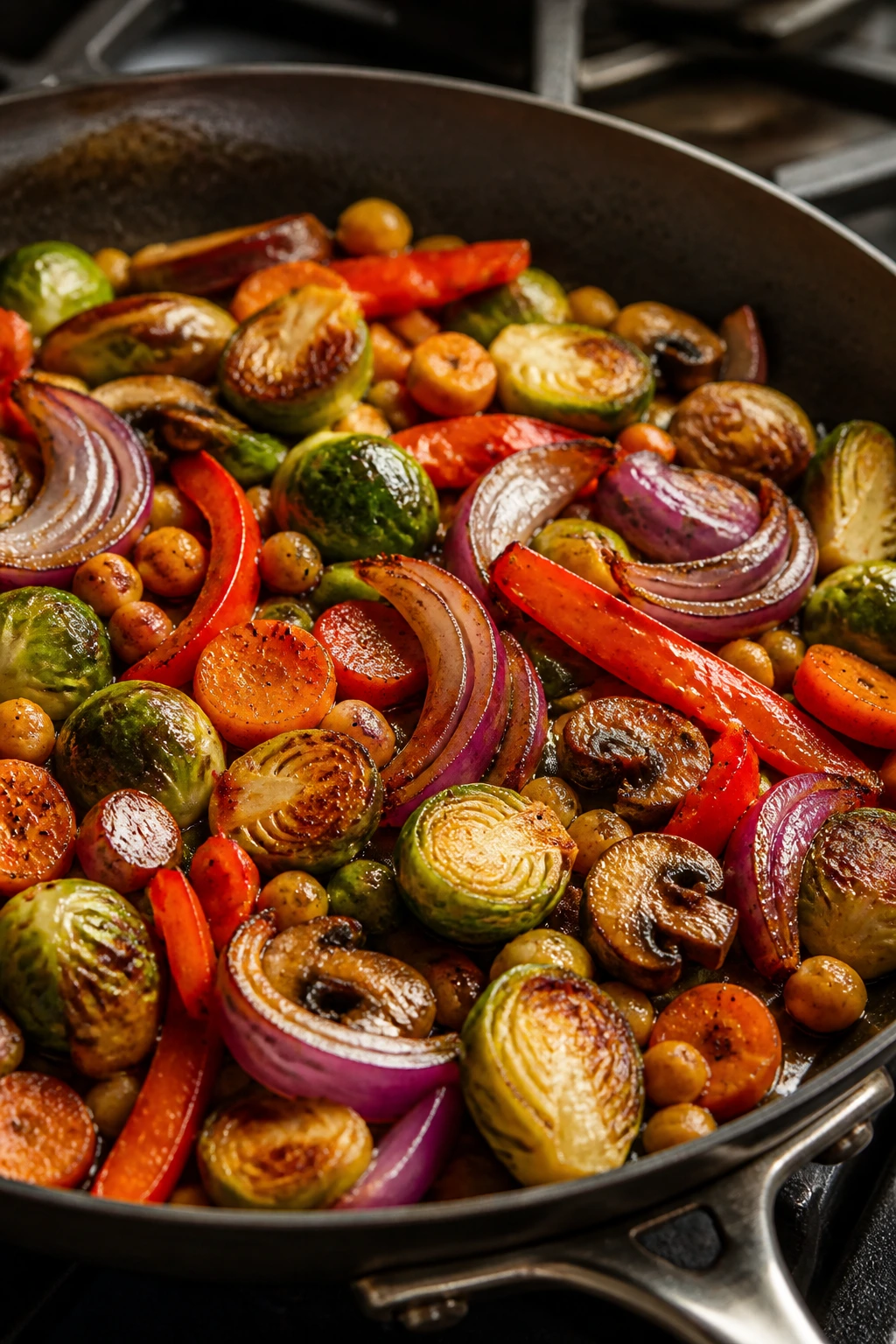 Pan filled with assorted vegetables and chickpeas cooking