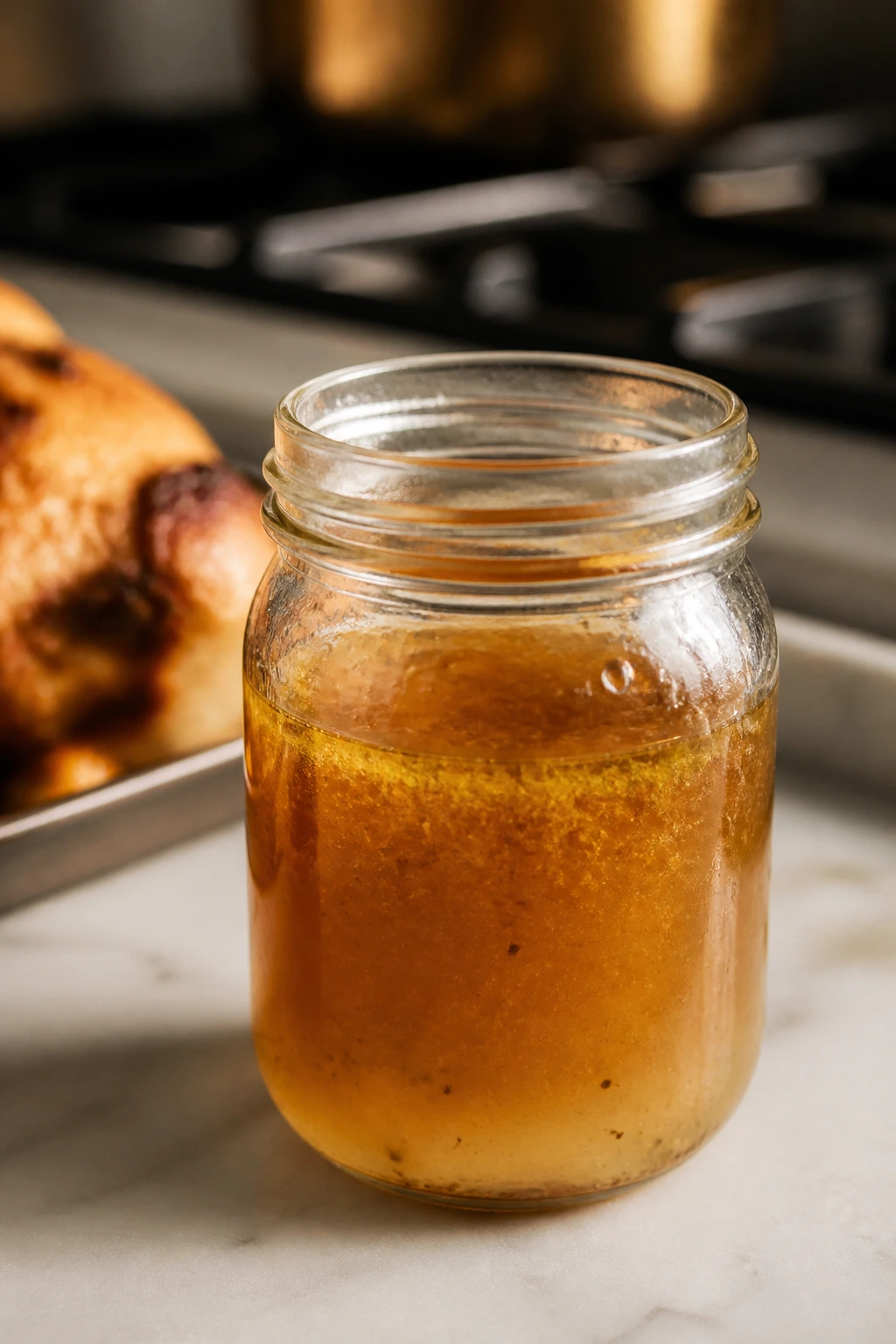 Glass jar of pan juices on kitchen counter