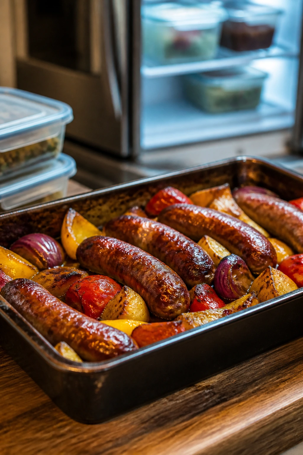 Roasting pan with leftovers ready for fridge and reheating